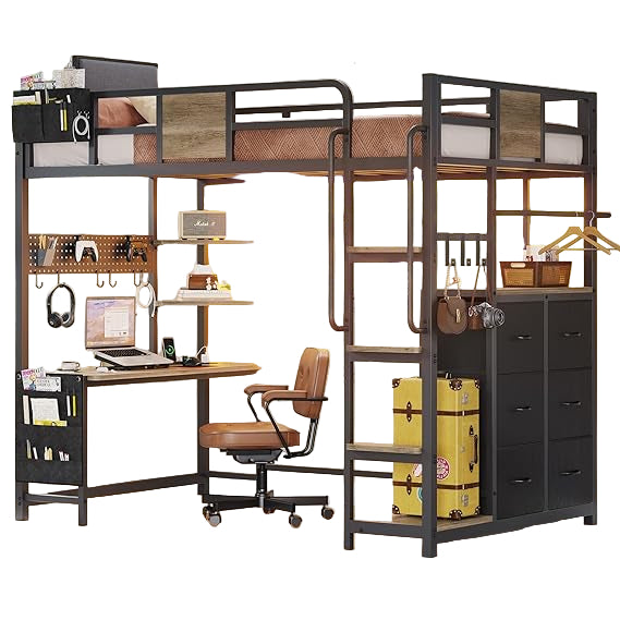 Twin Size Loft Bed with Desk and 6 Storage Drawers, Metal Loft Bed