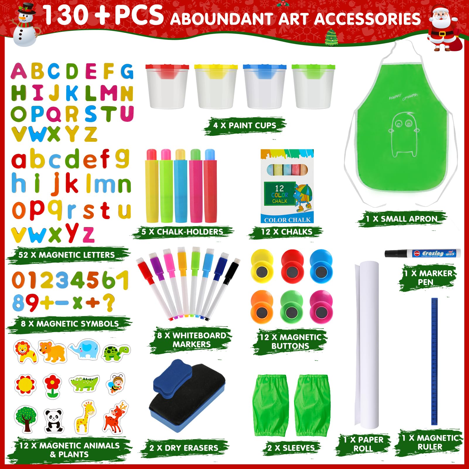 Adjustable Wooden Easel for Kids – Foldable Art Easel with Paper Roll, Magnetic Double-Sided Whiteboard & Chalkboard, 130+ PCS Accessories, Ideal Gift for Toddlers & Children Ages 2-8