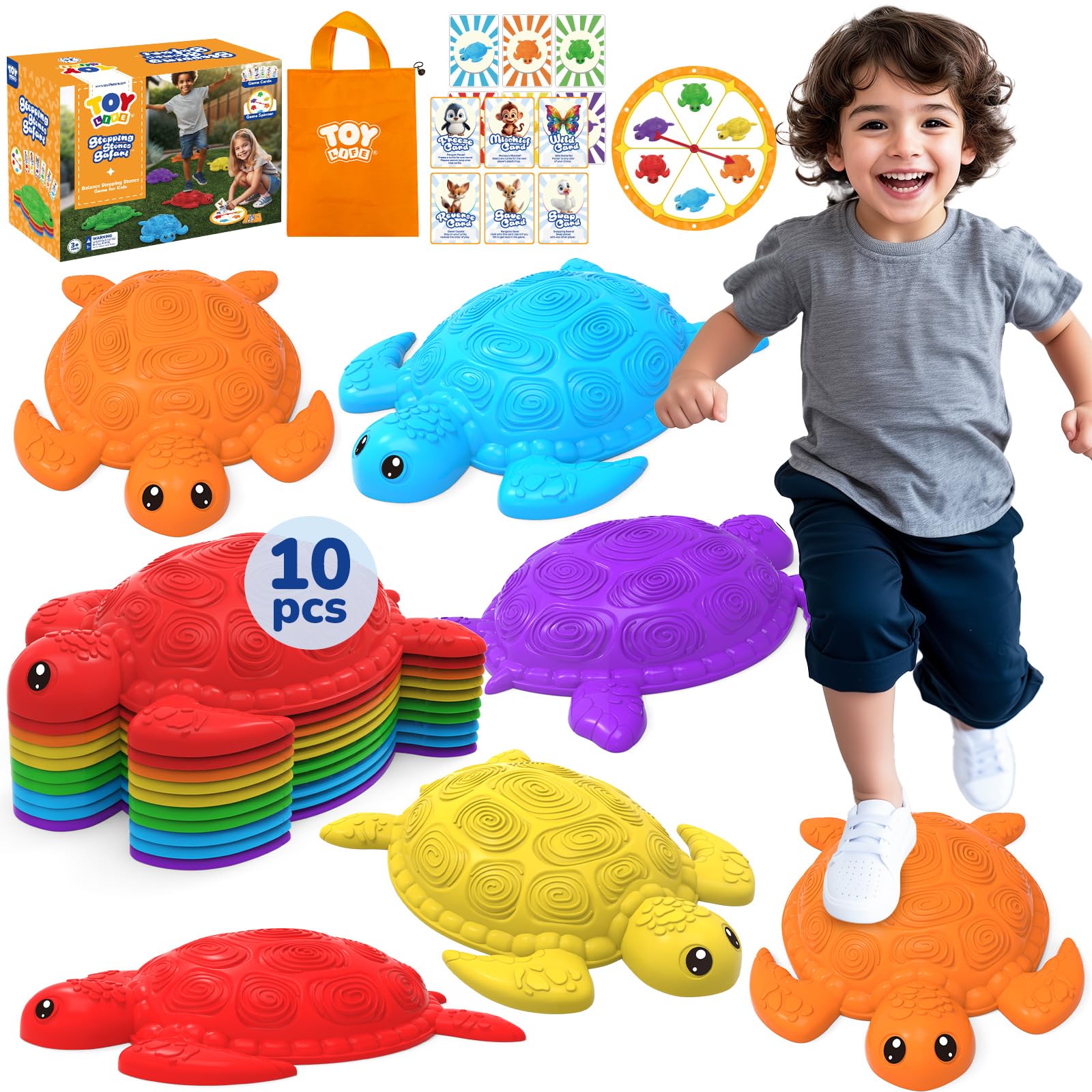 TOY Life 10 Pcs Turtle Balance Stepping Stone for Kids, Indoor Outside Toys for Kids Ages 4-8, Toddler Outdoor Toys, Stepping Stones Game, with Cards and Spinner