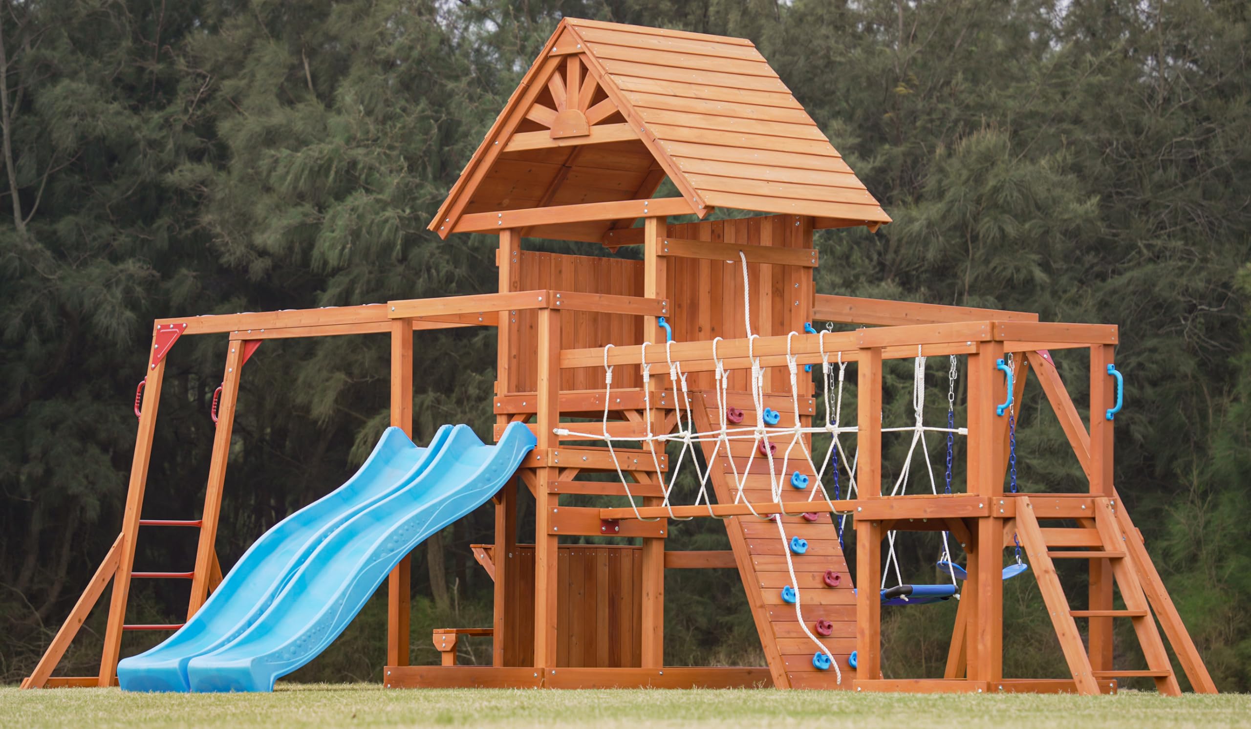 Wooden Swing Set with Monkey Bar Plank Bridge Climbing Wall