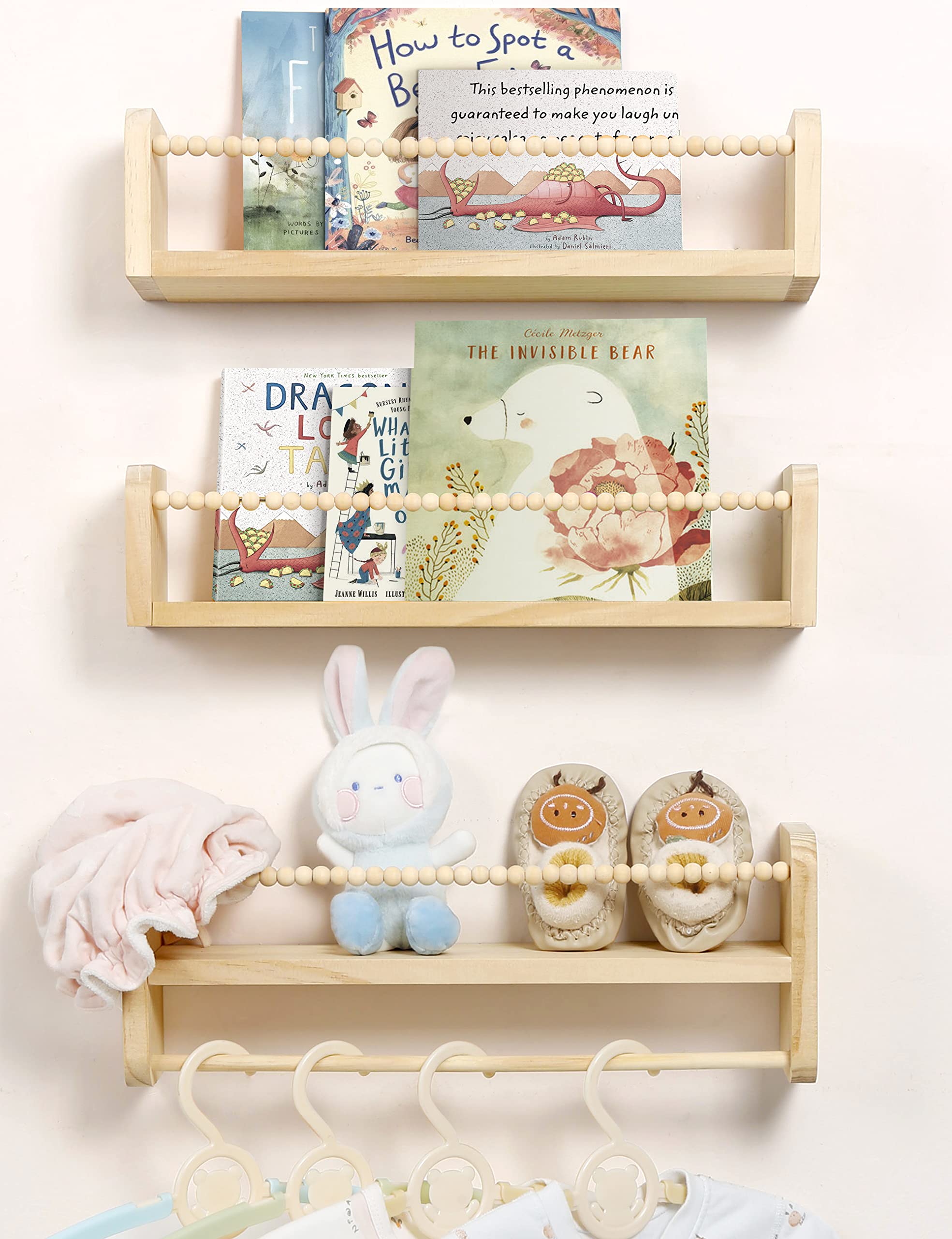 Nursery Floating Shelves for Wall, Set of 3 Book Shelves Natural
