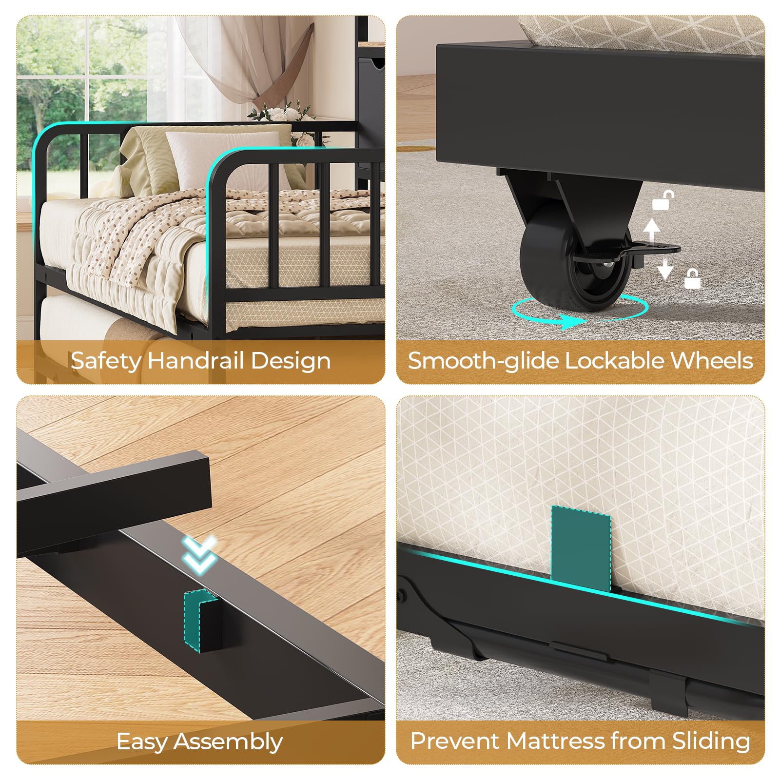 ADORNEVE Daybed with Trundle, Twin Day Bed with Storage Headboard & Charging Station, Height Adjustable Metal Trundle Bed Twin, Sofa Bed Frame for Living Room, Bedroom and Guest Room, Black