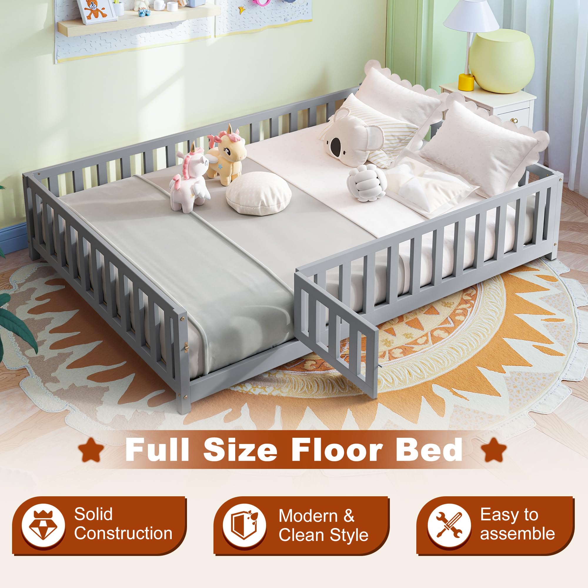 Full Size Floor Bed with High Guardrails and Door