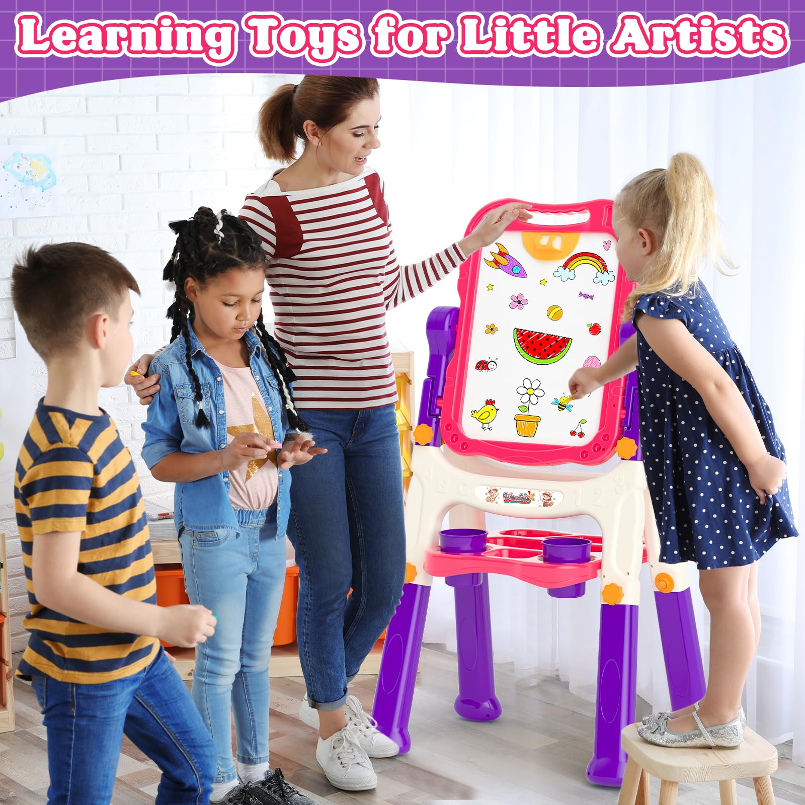 Easel for Kids,Toddler Toys for 2 3 4 5 Year Old Girl Gifts,Toddler Easel Toys Ages for 2-4, Double Sided Magnetic Kid Art Easel,Dry Erase Drawing Painting Learning Toys for 2 3 4 5 Girl Birthday Gift