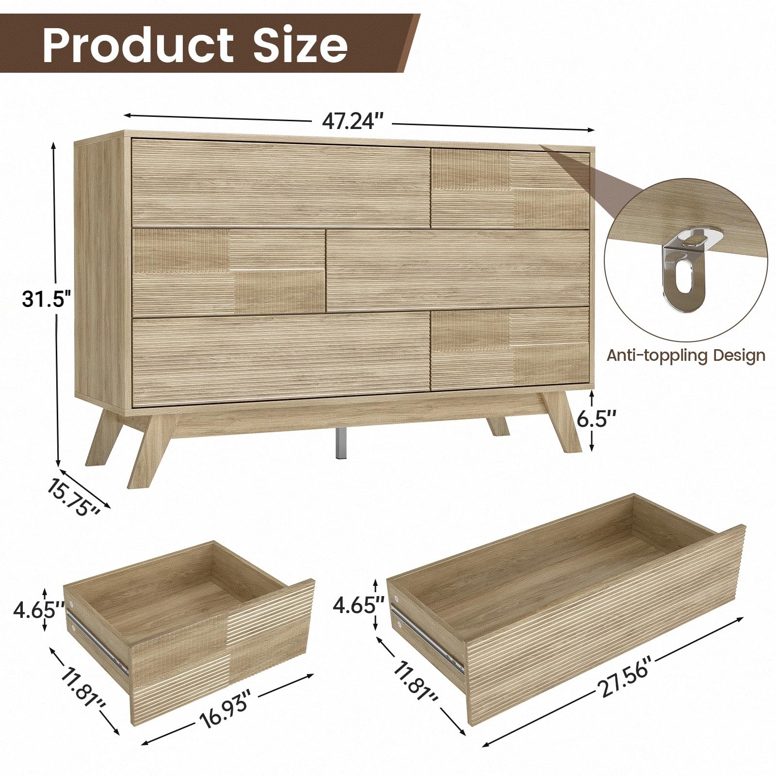 Fluted 6-Drawer Dresser for Bedroom 47 Inch Wide Handleless Chest