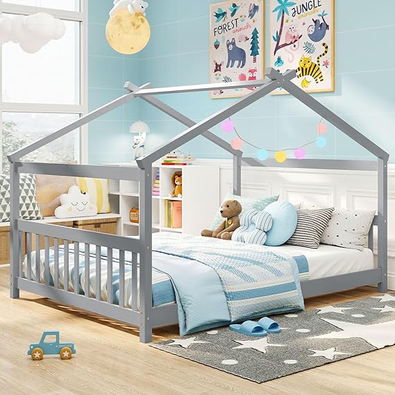 Full Size Floor Bed, Solid Wood Montessori House Bed with Roof
