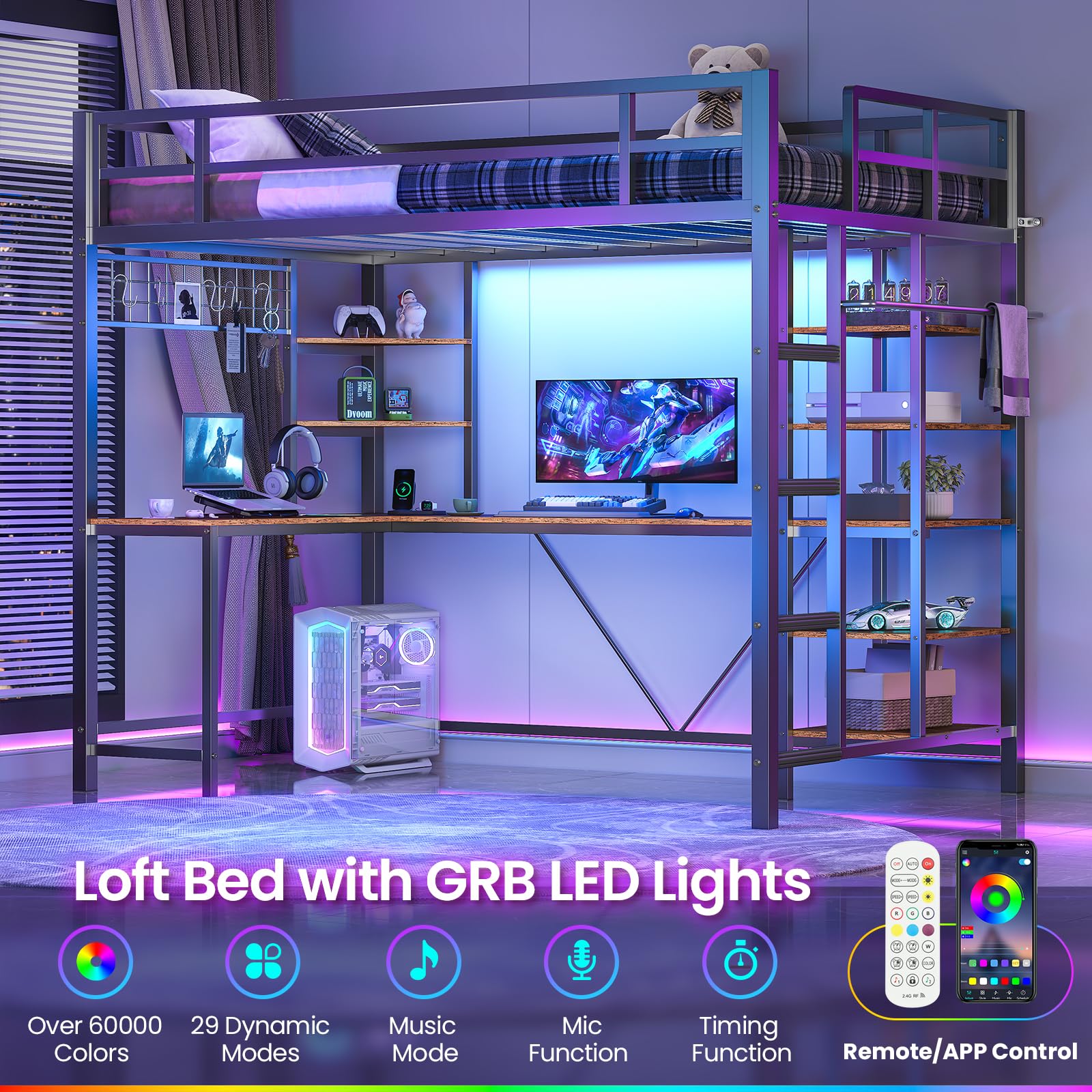 Twin Loft Bed with L-Shaped Desk and Storage Shelves