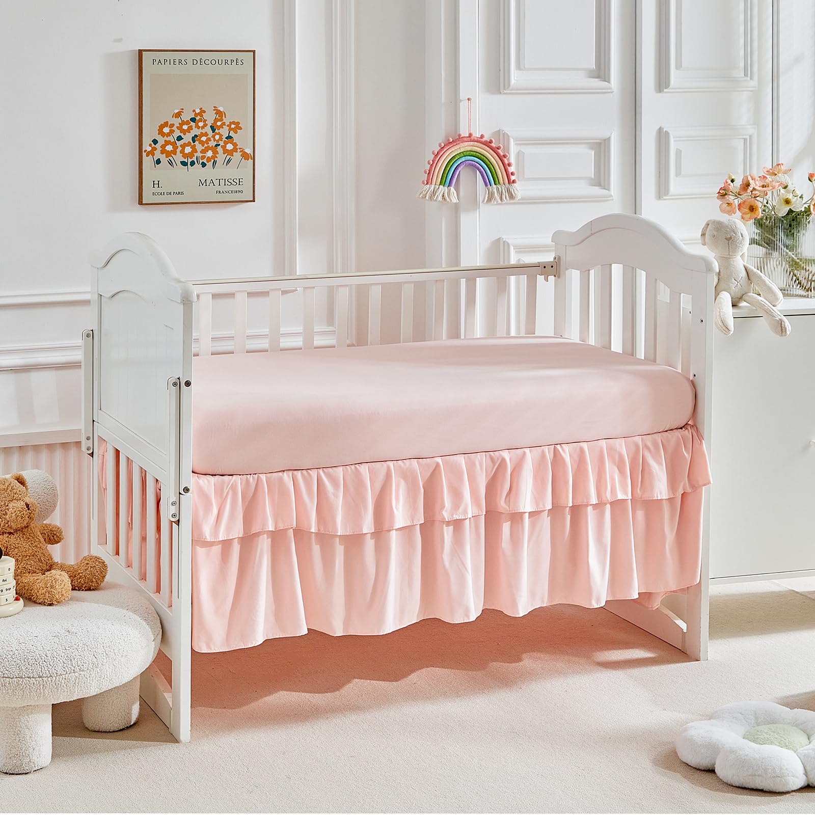 3 Pieces Tufted Crib Bedding Set with Ruffle Fringe, Pink Ruffled Comforter with Fitted Sheet and Bed Skirt, Soft and Embroidery Shabby Chic Boho Bohemian Jacquard Design for Baby Girls Boys