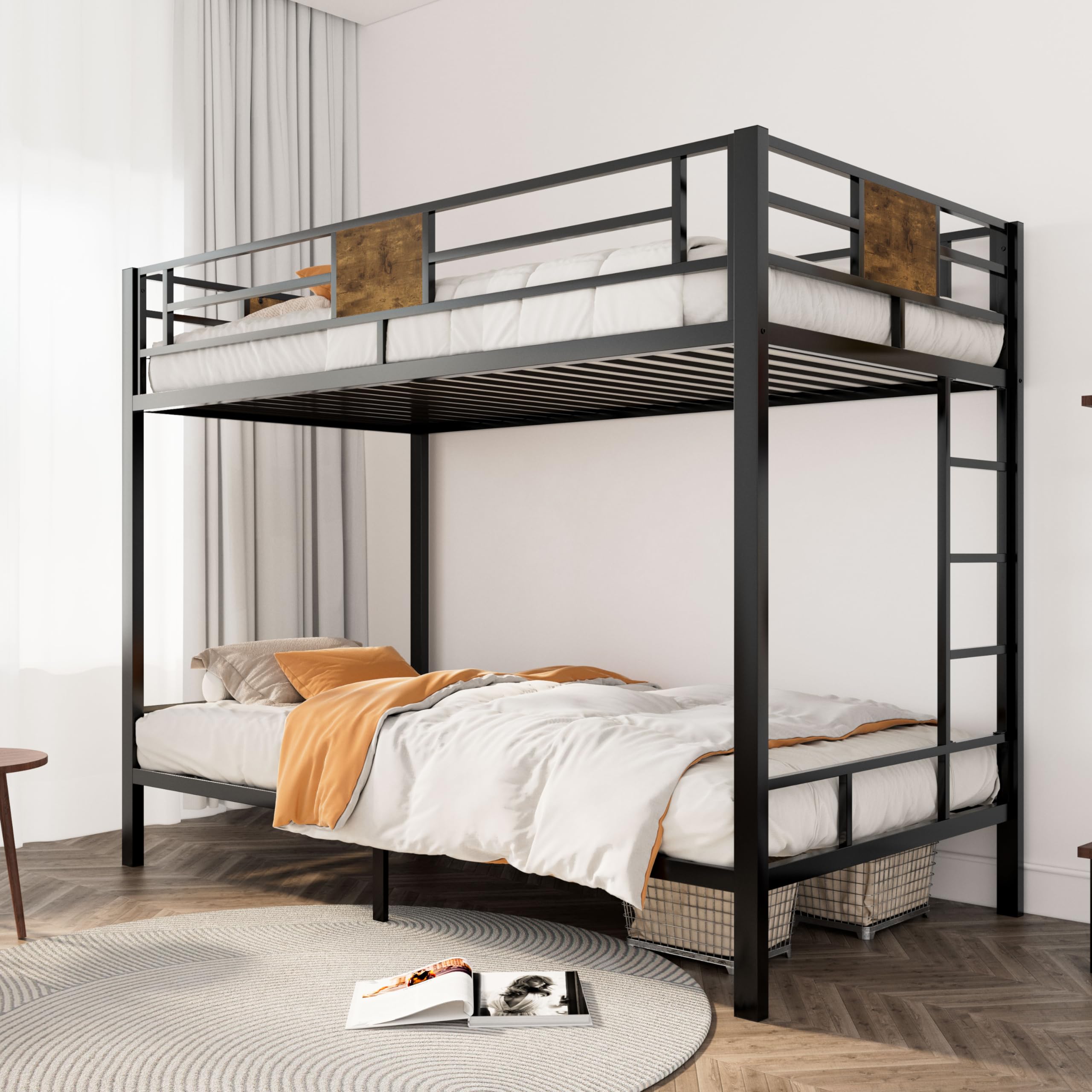 Loft Bunk Bed Twin Over Twin Size with Ladder and Guardrail,Rustic Design