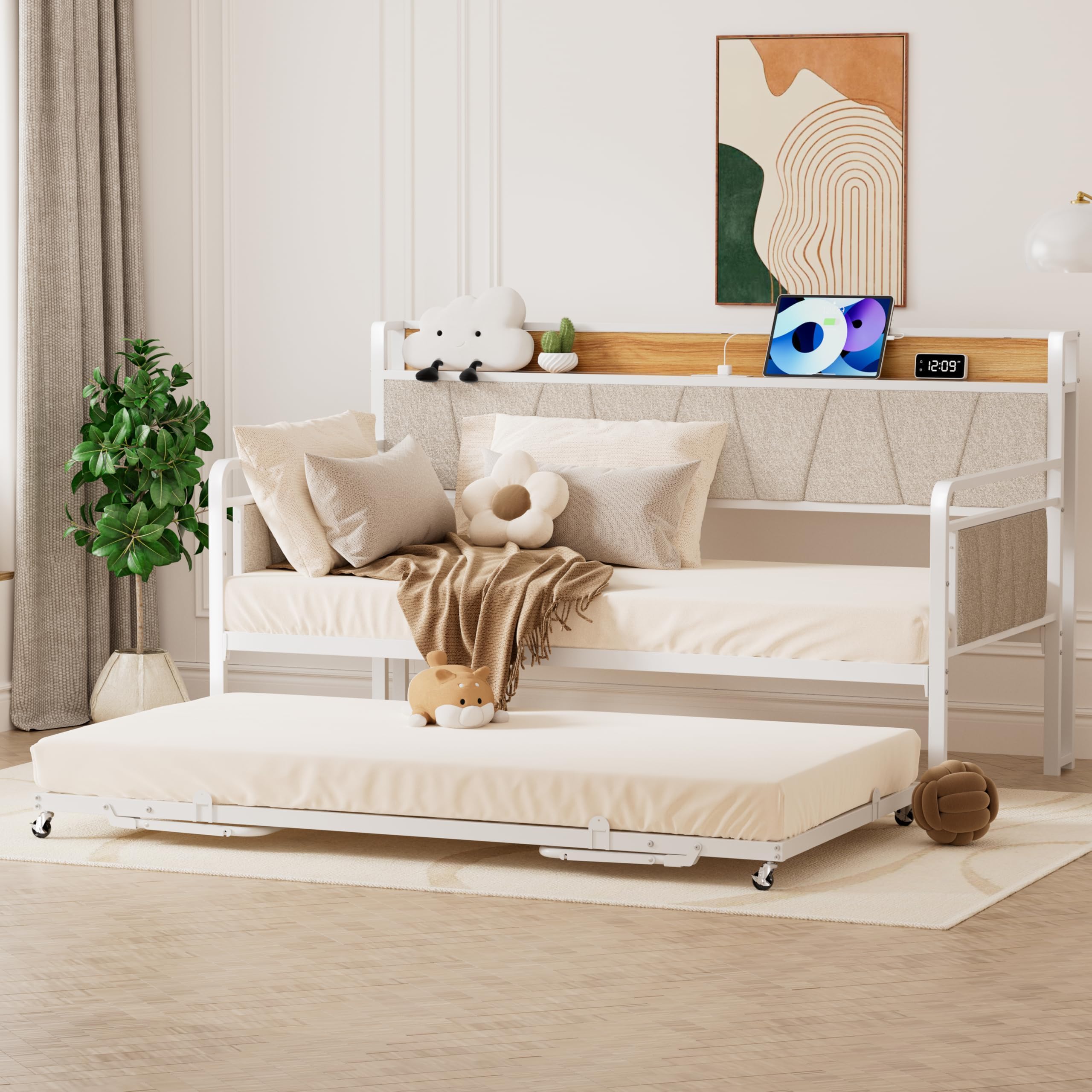 Twin Daybed with Trundle, Modern Twin Size Sofa Day Bed