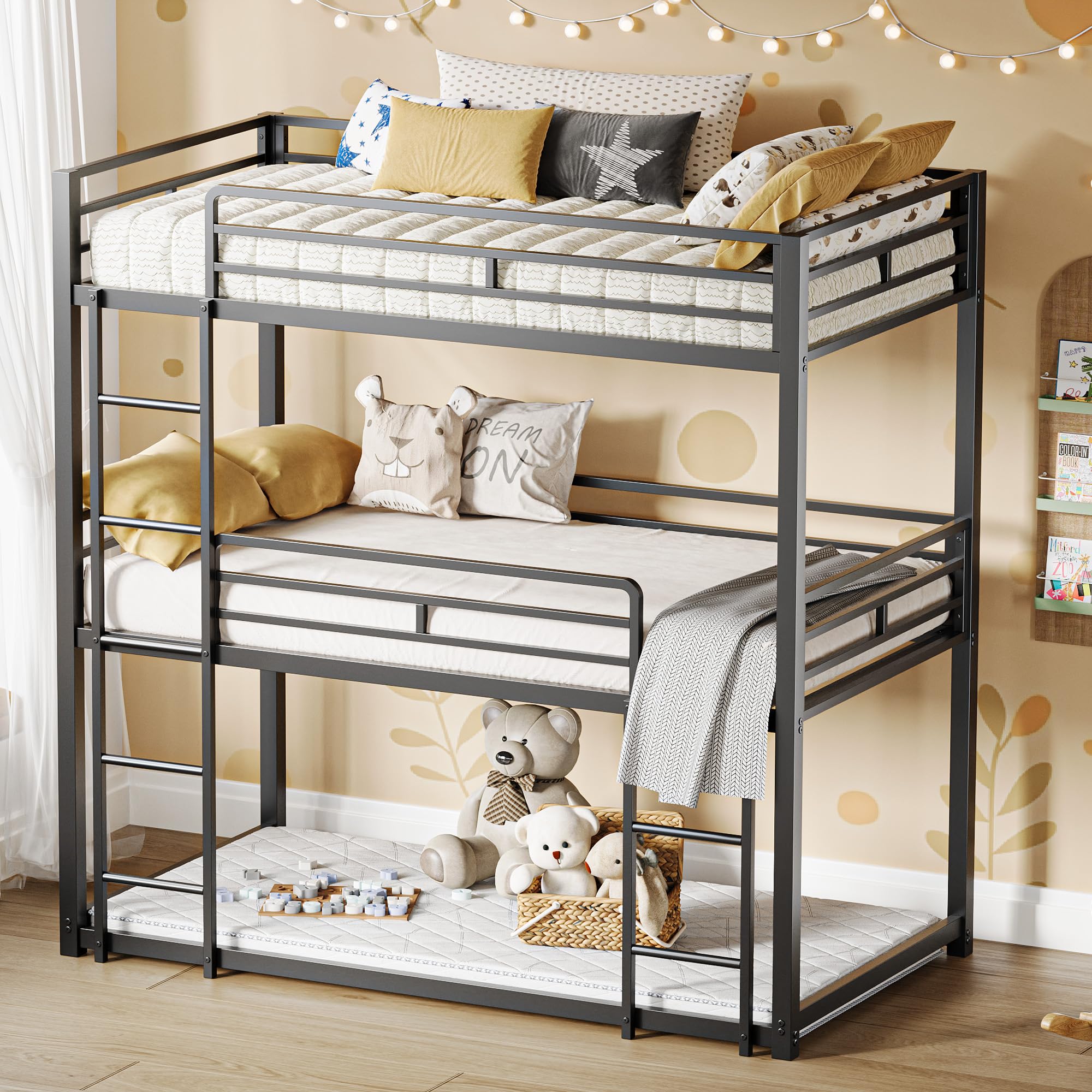 Bunk Bed, Triple Bunk beds Twin Over Twin Over Twin with 2 Ladders