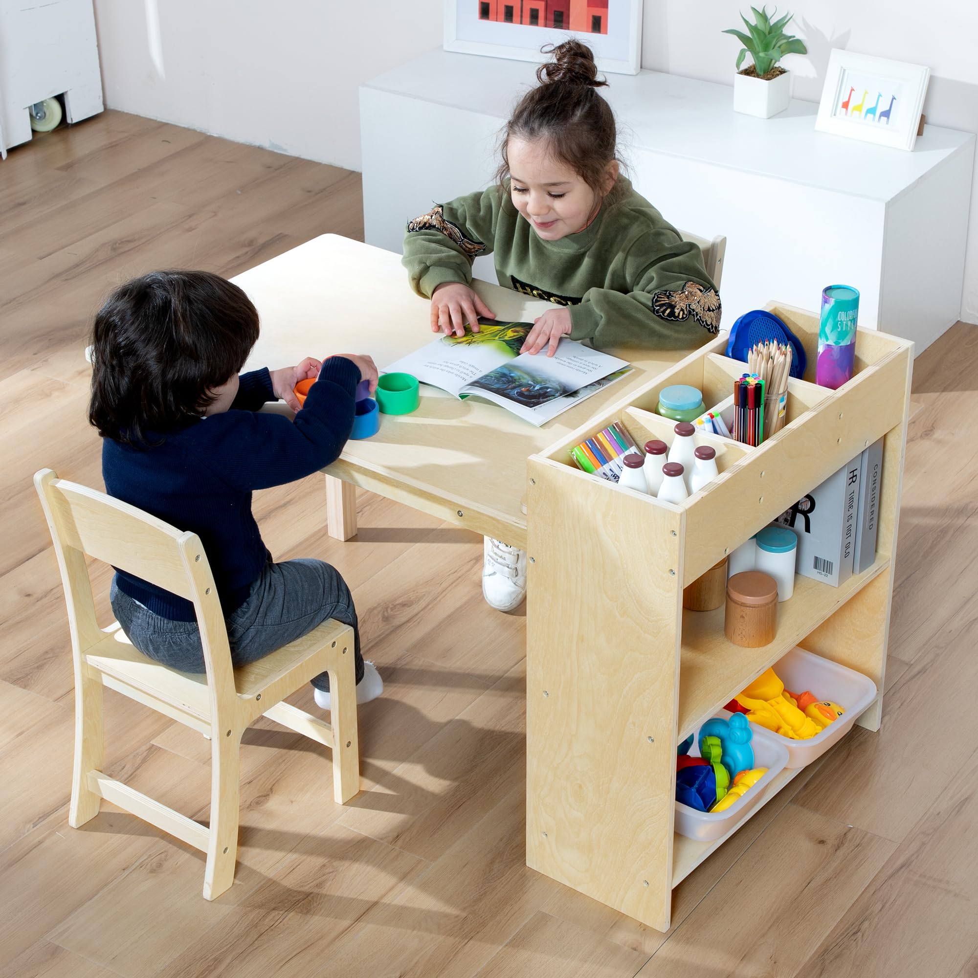 Birch Wood Kids Art Table and Chair Set with Storage