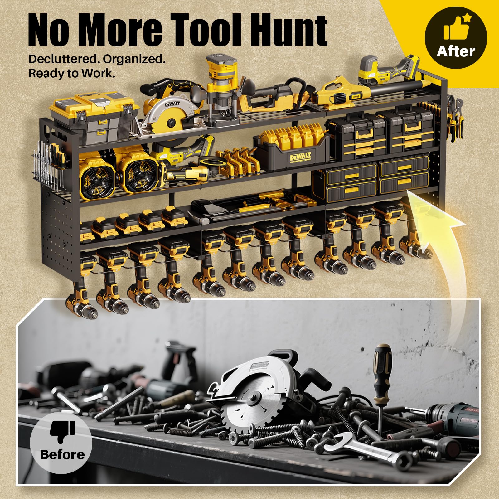 Power Tool Organizer Wall Mount - 4-Tier Heavy Duty Garage Storage Rack with Drill Holder