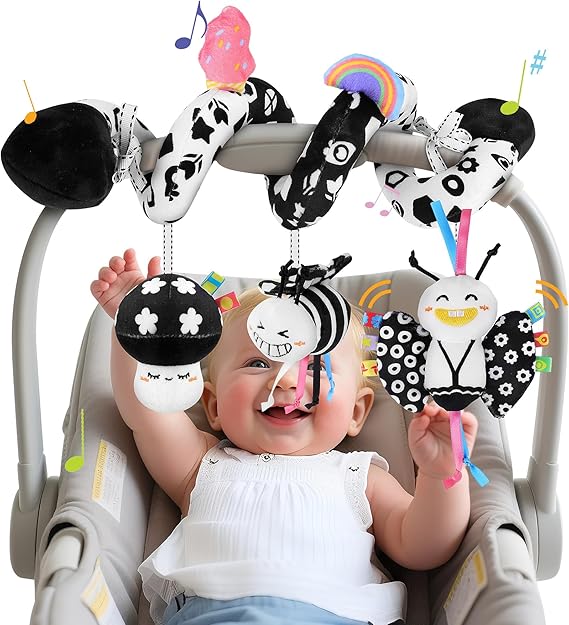 Car Seat Toys for Babies, 0-6 Months Stroller Activity Black White Baby