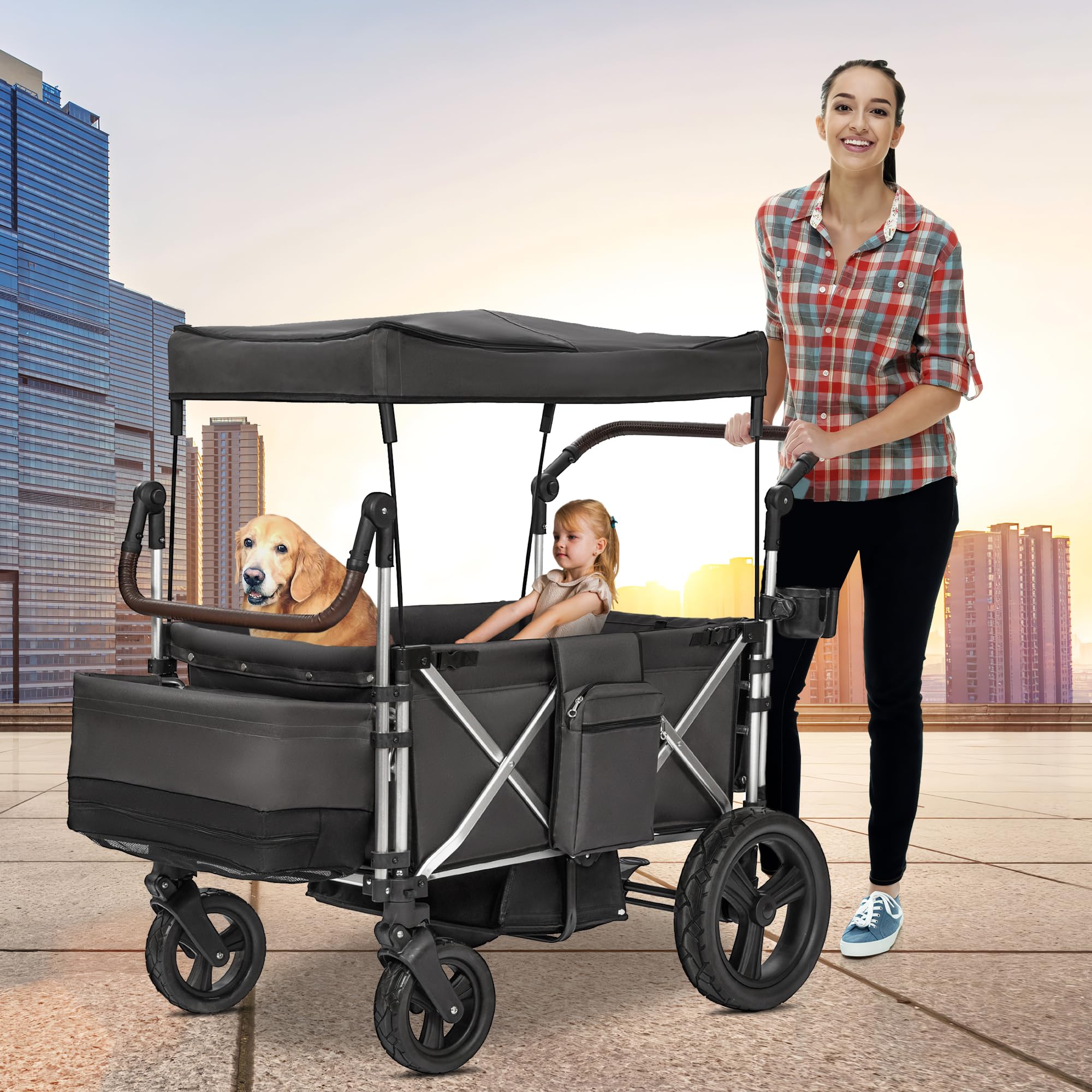 Stroller Wagon 4 Seater, Folding Wagon Stroller for 4 Kids, Collapsible Push Wagon