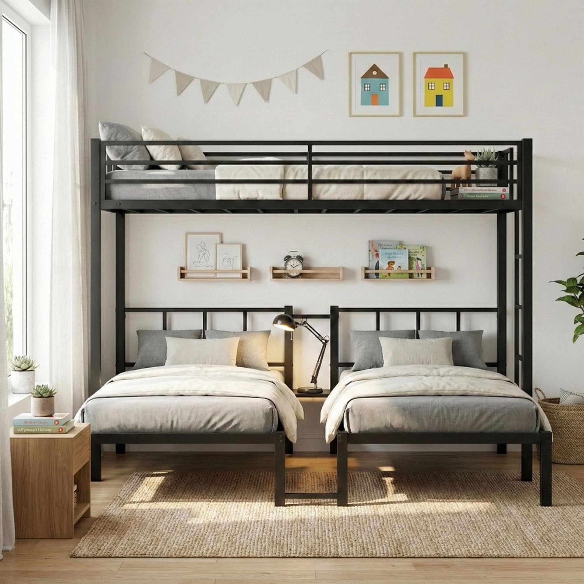 Triple Bunk Bed Metal Frame with Guardrails and Ladder