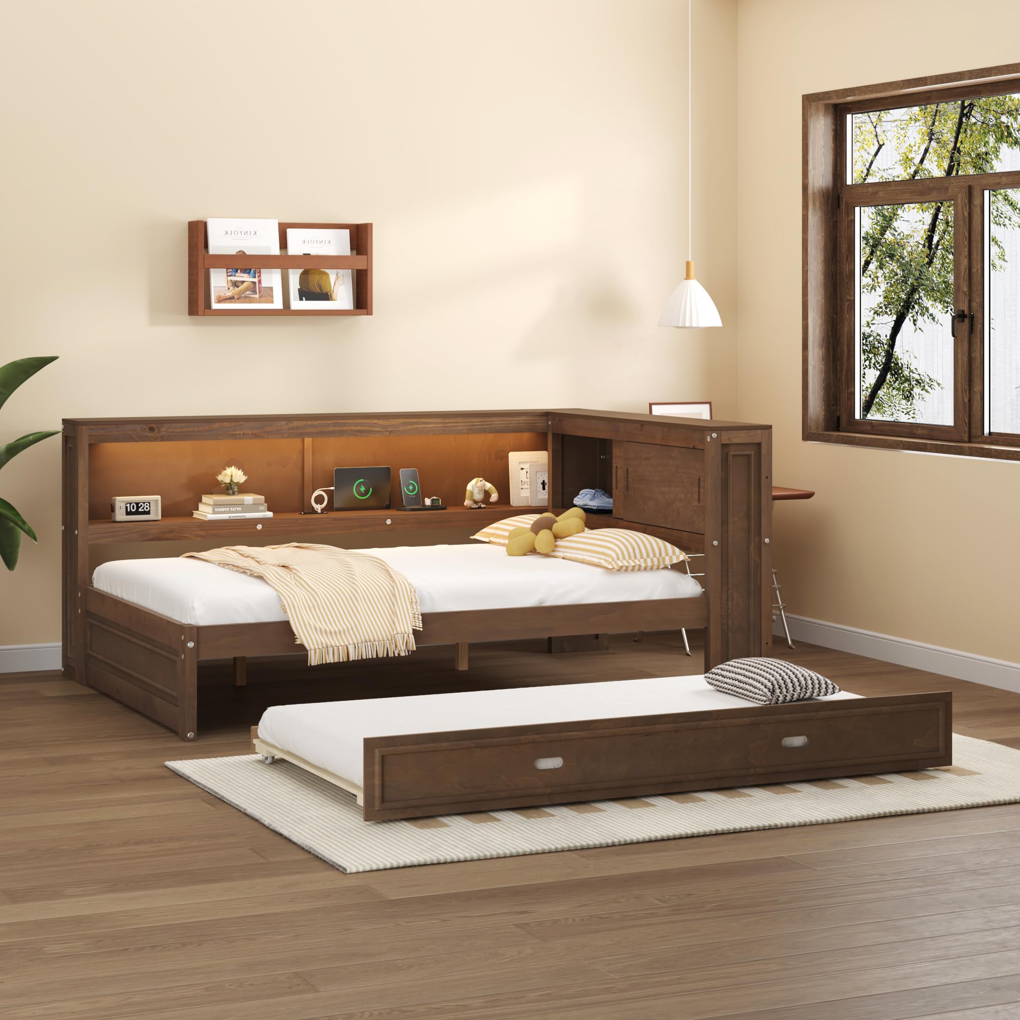 Full Size Wood Daybed with Twin Trundle and Storage Shelves