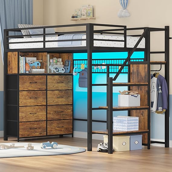 Twin Size Loft Bed with Storage Stairs, 8 Drawers