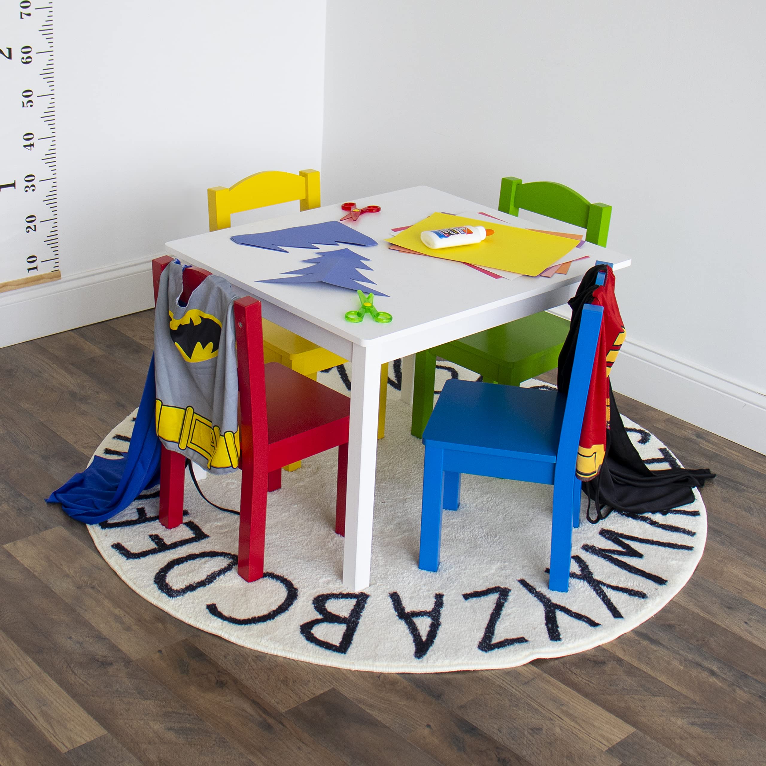 Kids Wooden Table and 4 Chairs Set, White/Primary - Kids Table and Chair