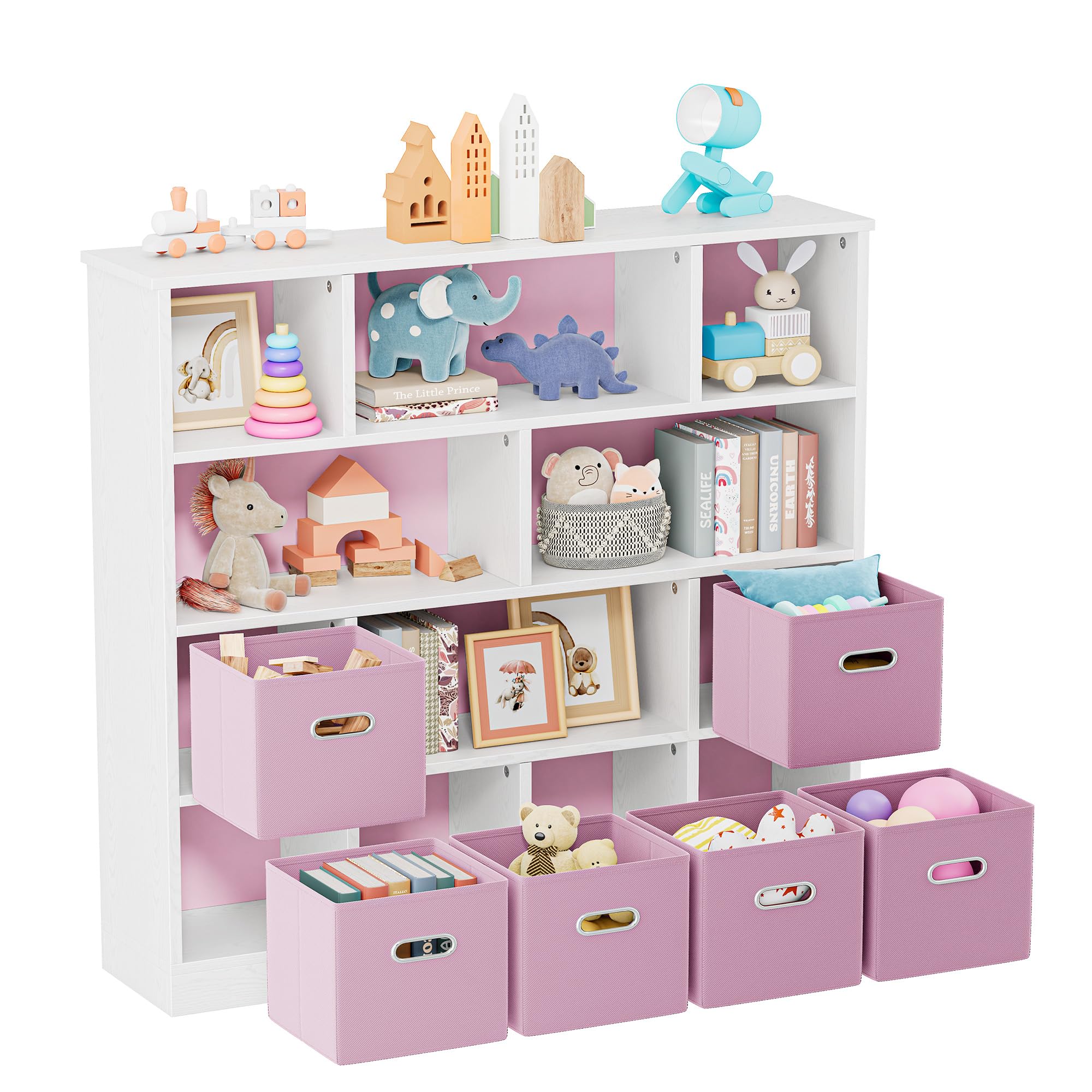 Wooden 12-Cube Storage Organizer Shelf with 6 Bins, 3-Tier Open Bookcase