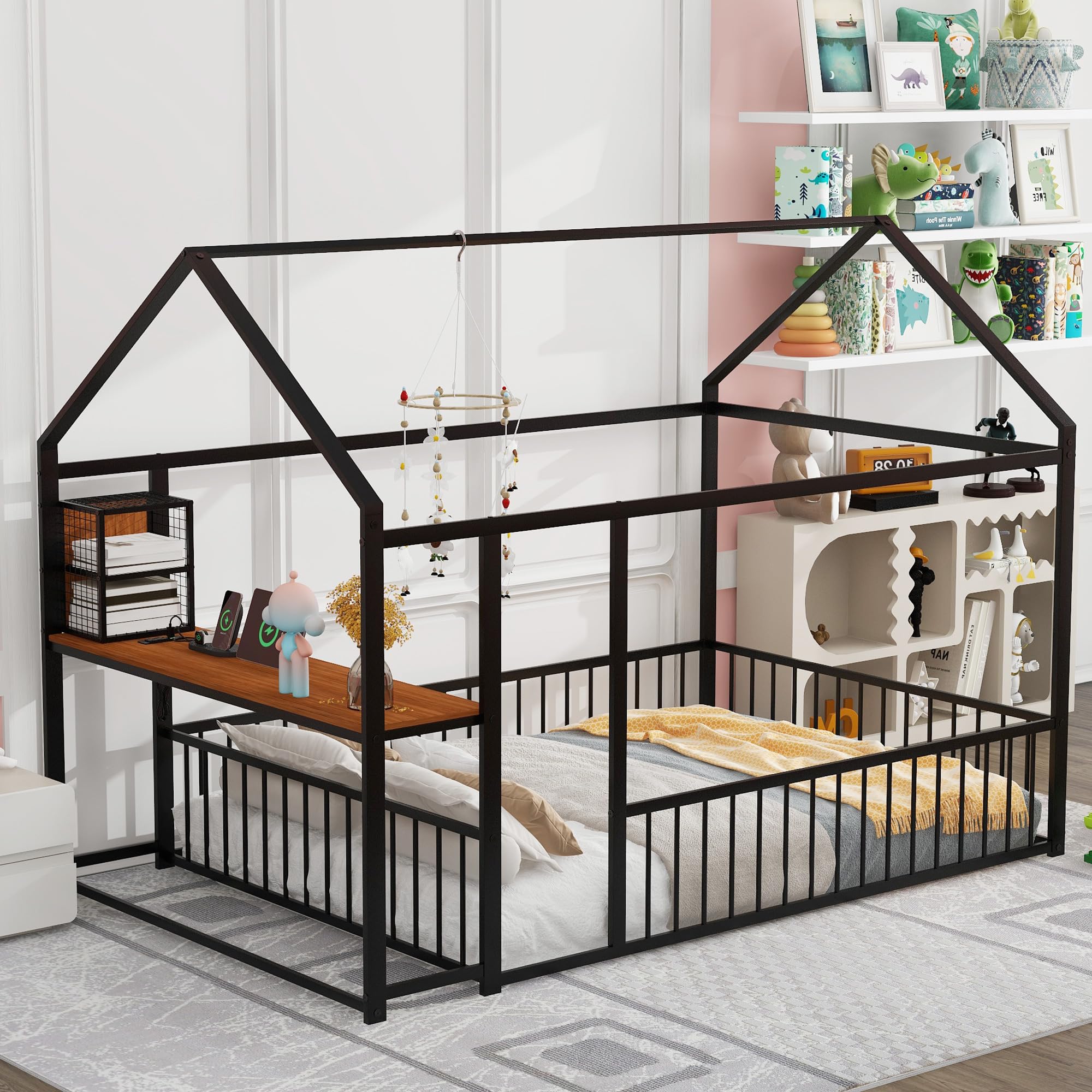 Full Size Metal House Bed with Desk and Guardrails