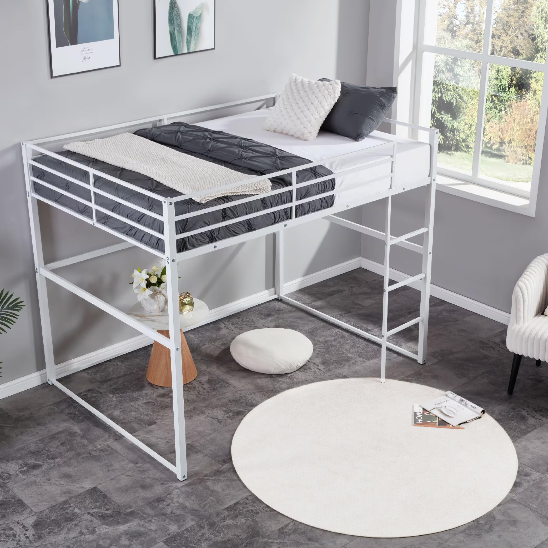 Twin Metal Loft Bed with Safety Guard Rails, Flat Ladder, Metal Slat