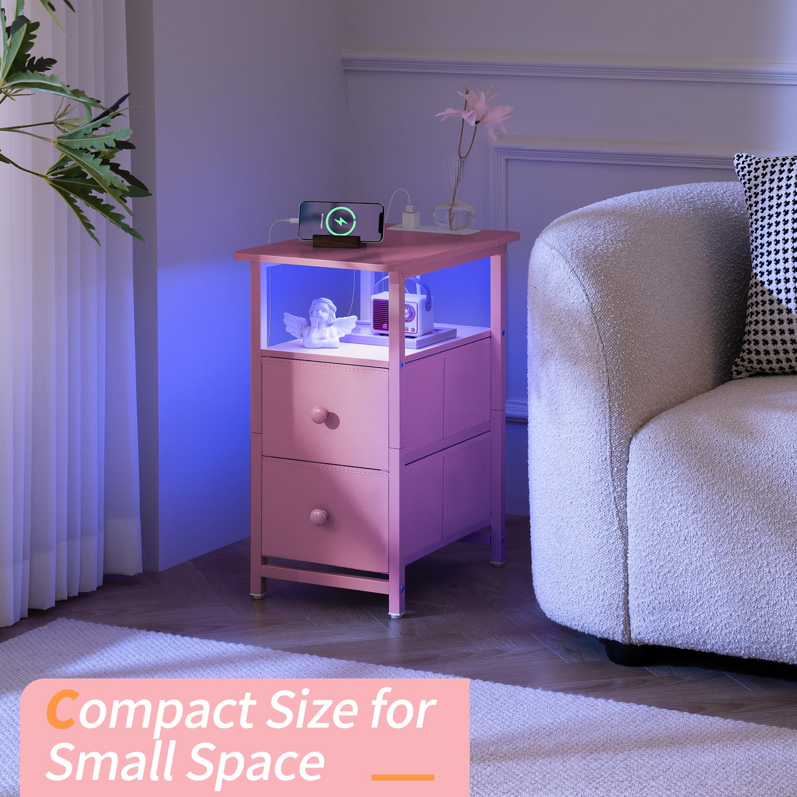 LED Nightstand with Charging Station and Fabric Drawers