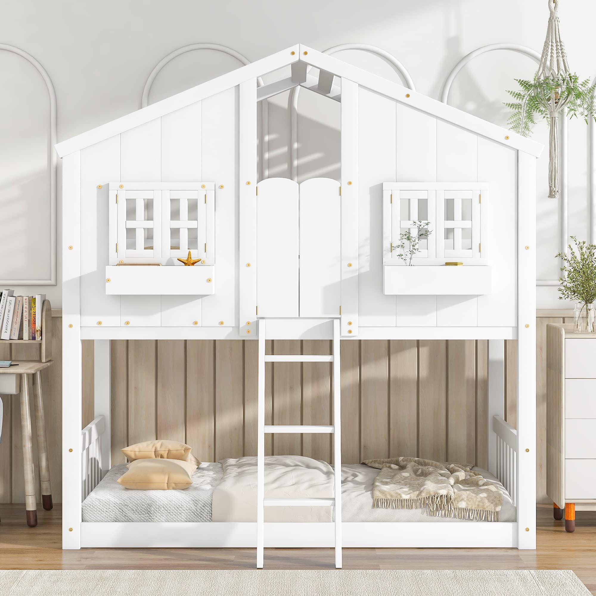 Designs House Bunk Bed Twin Over Twin for Kids, Wood Bunk Beds with Roof