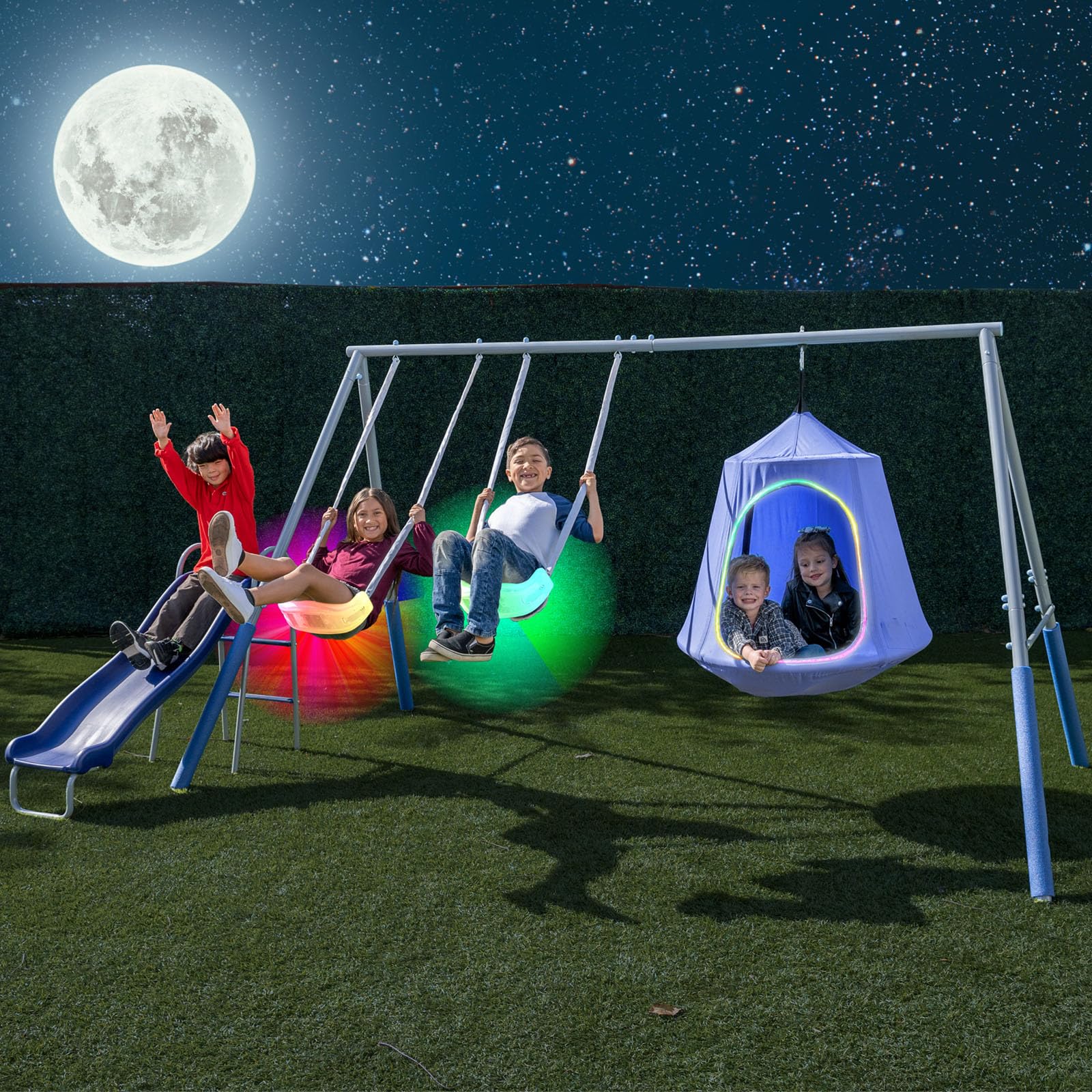 Metal Swing Set with LED Lights and Slide