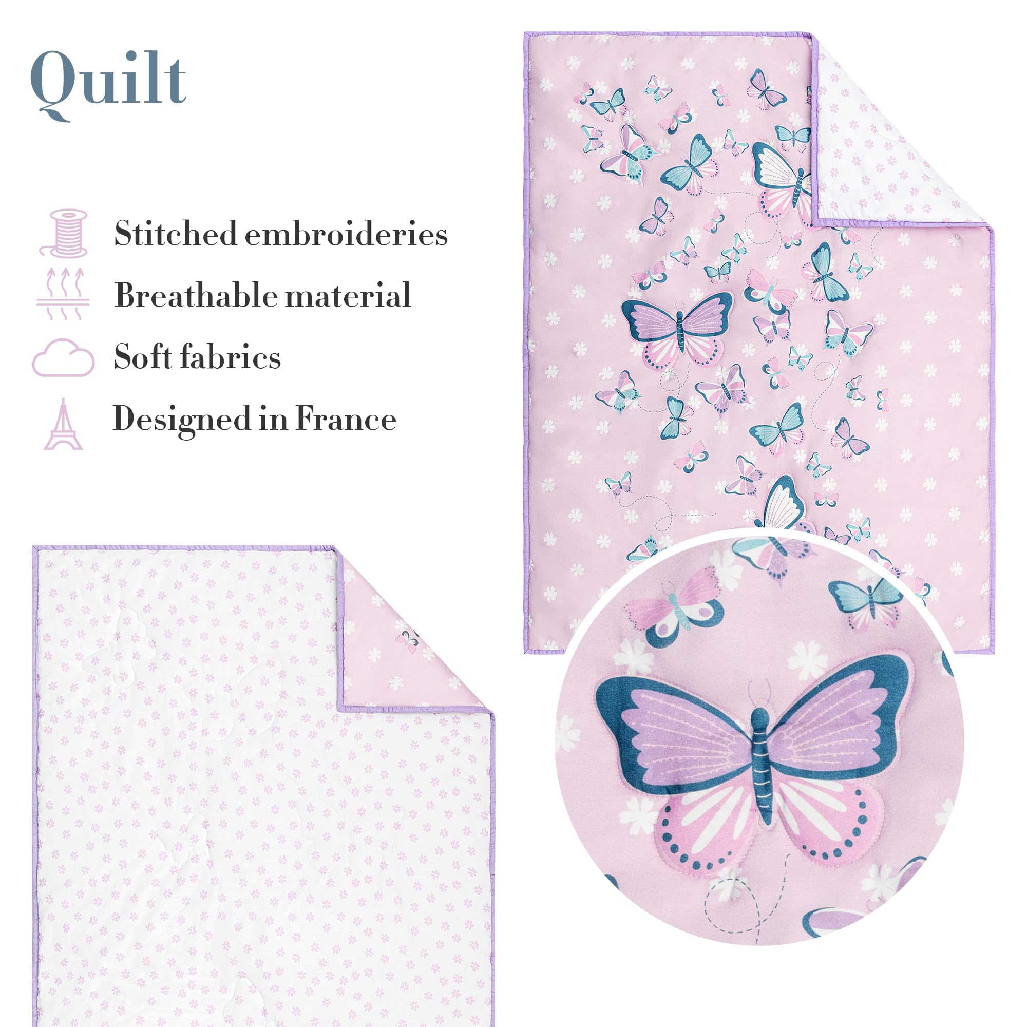 Butterfly Crib Bedding Set for Girls - 5 Pieces Including Baby Girl Blanket, 2 Crib Sheets, Crib Skirt, and Purple Butterfly Wall Sticker - White & Pink - Butterfly Nursery Decor