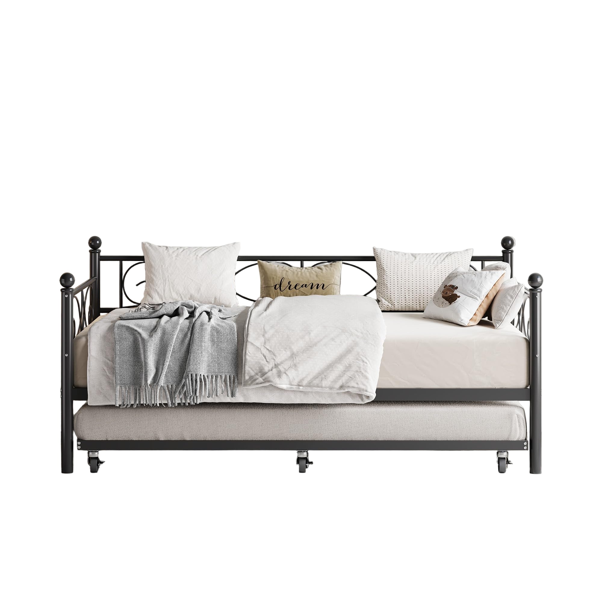 Daybed with Trundle Bed, Twin Size Day Bed with Floral Headboard