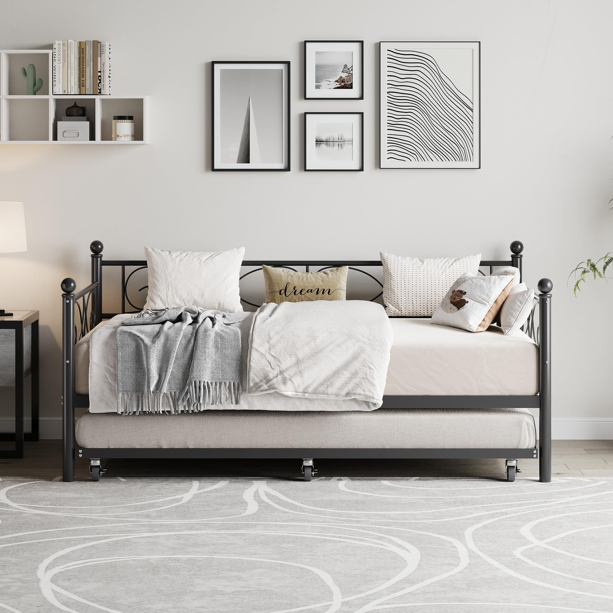 Twin Daybed with Trundle and Floral Metal Headboard
