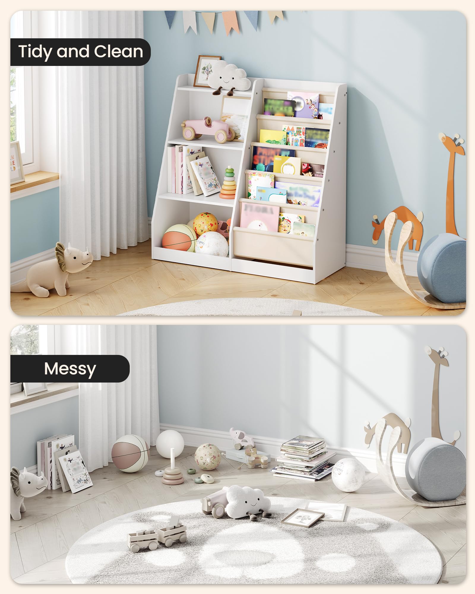 Kids Bookshelf Storage Organizer with 6 Fabric Sling Pockets