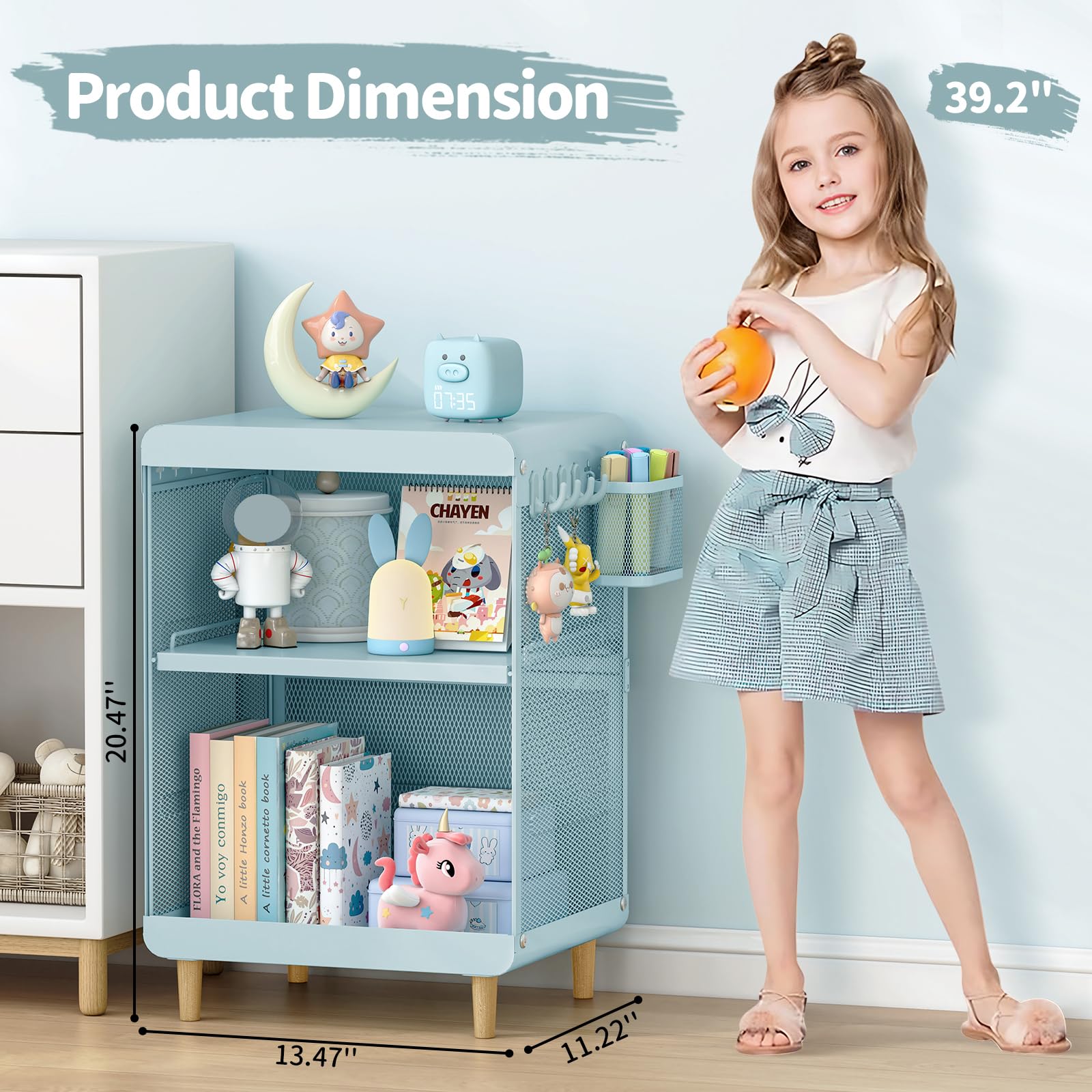 Kids Mint Green Nightstand with Storage Shelves