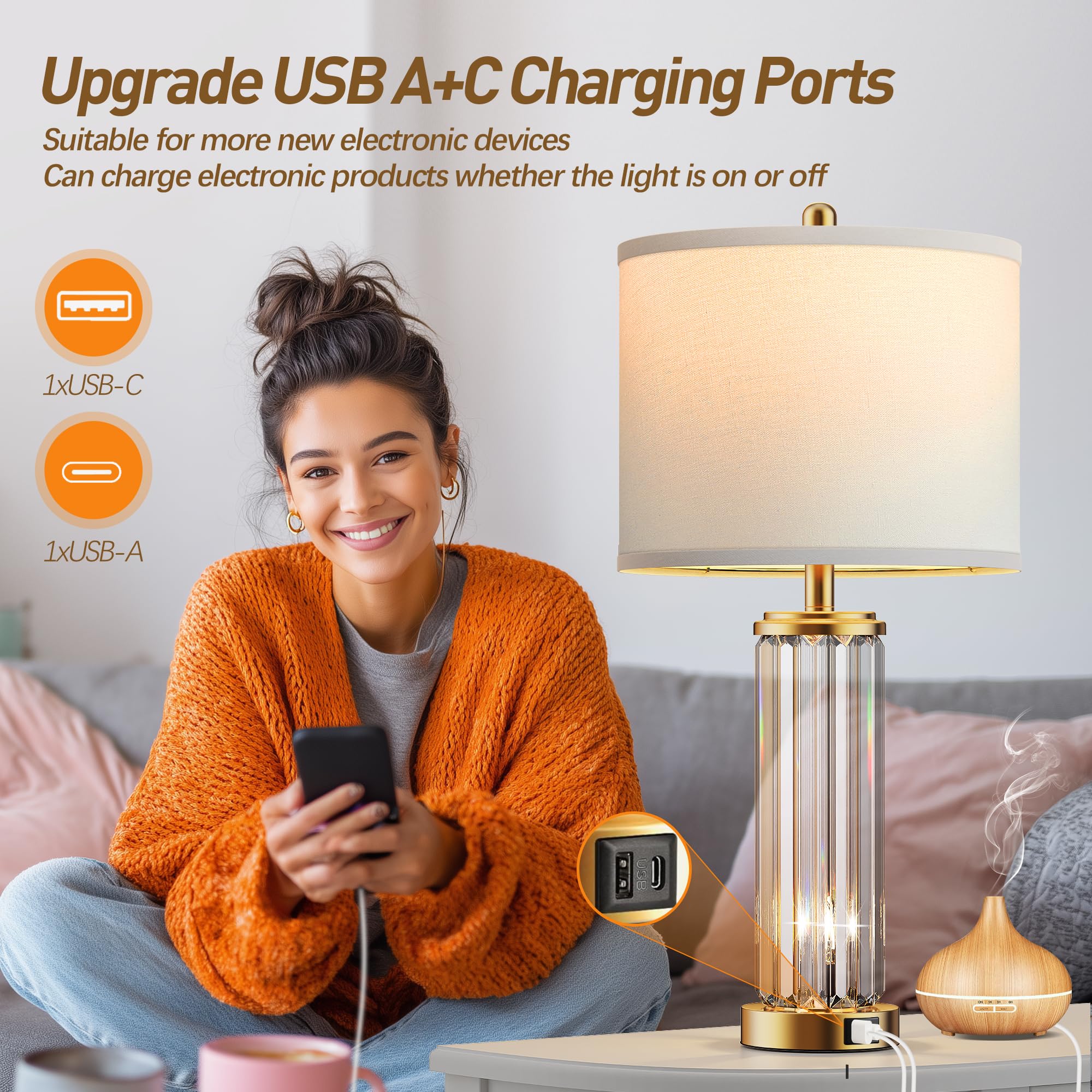 Crystal Table Lamps Set of 2 with USB Charging Ports and Night Light