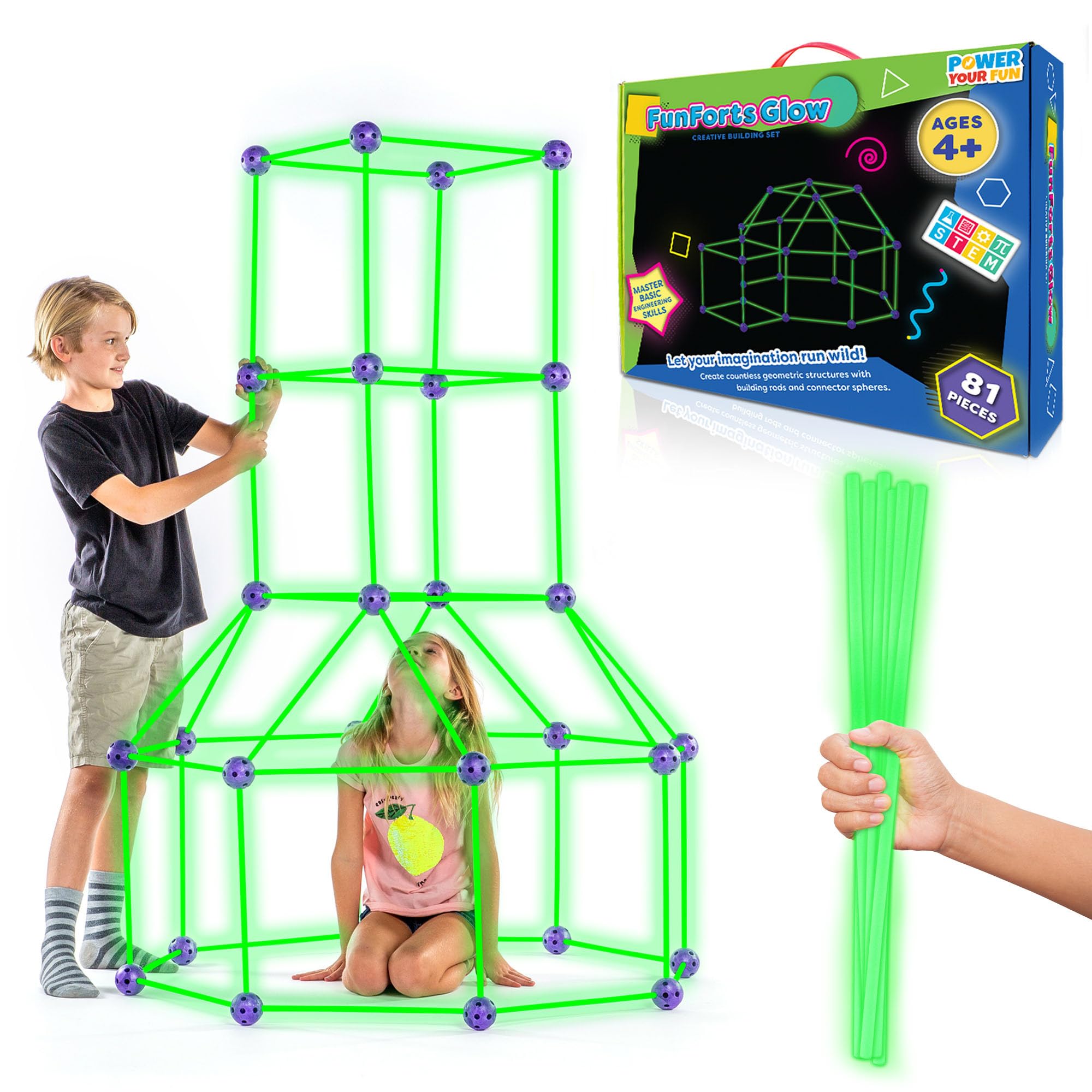Forts Glow Fort Building Kit for Kids - 81 Pack Glow in The Dark STEM Building