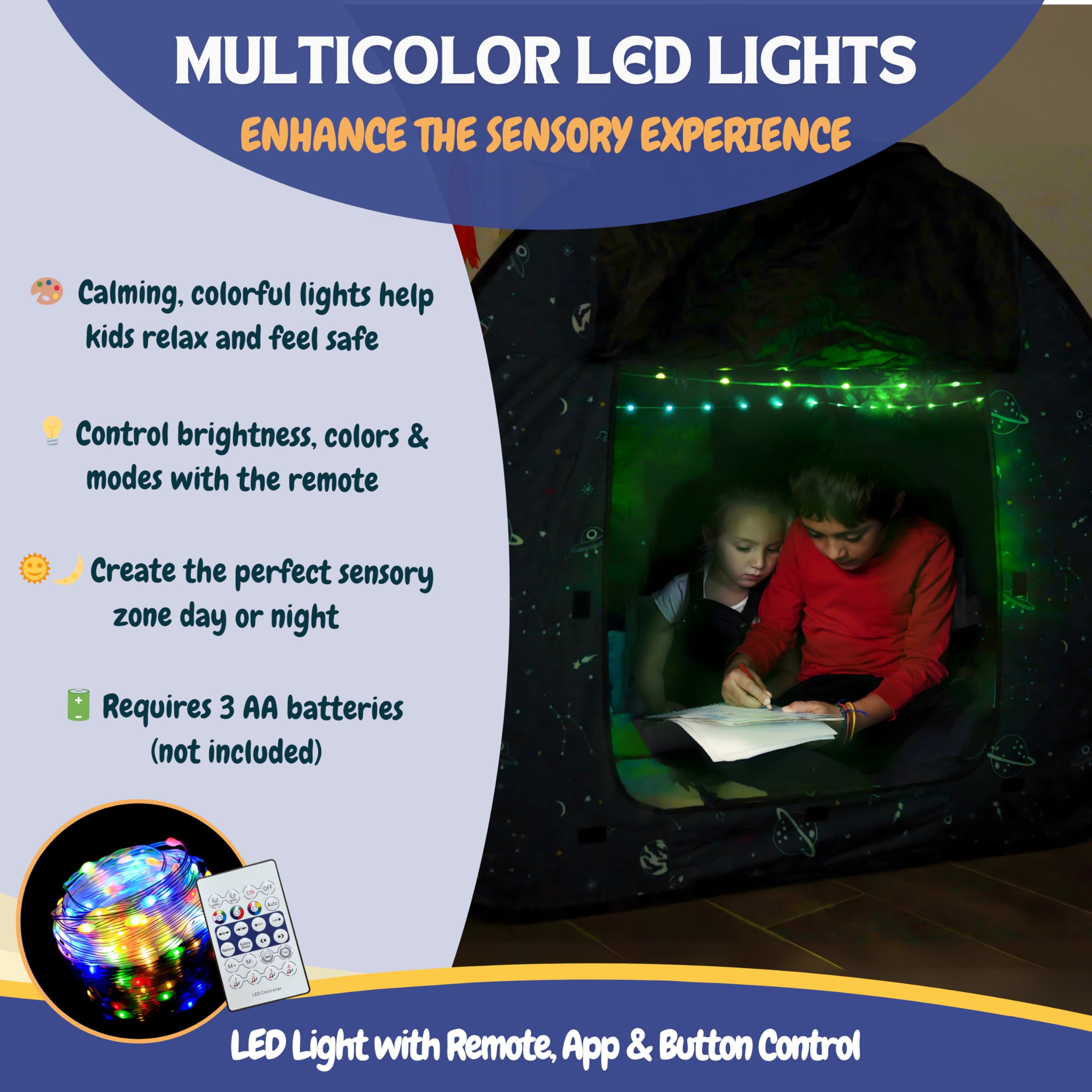Sensory Tent for Kids with LED Lights & Remote – Blackout Pop-Up Calm Down for Autism, ADHD & SPD – Indoor Sensory Room & Play Tent – Foldable & Portable – L’Arche (Space Theme, Regular 35.4 in)