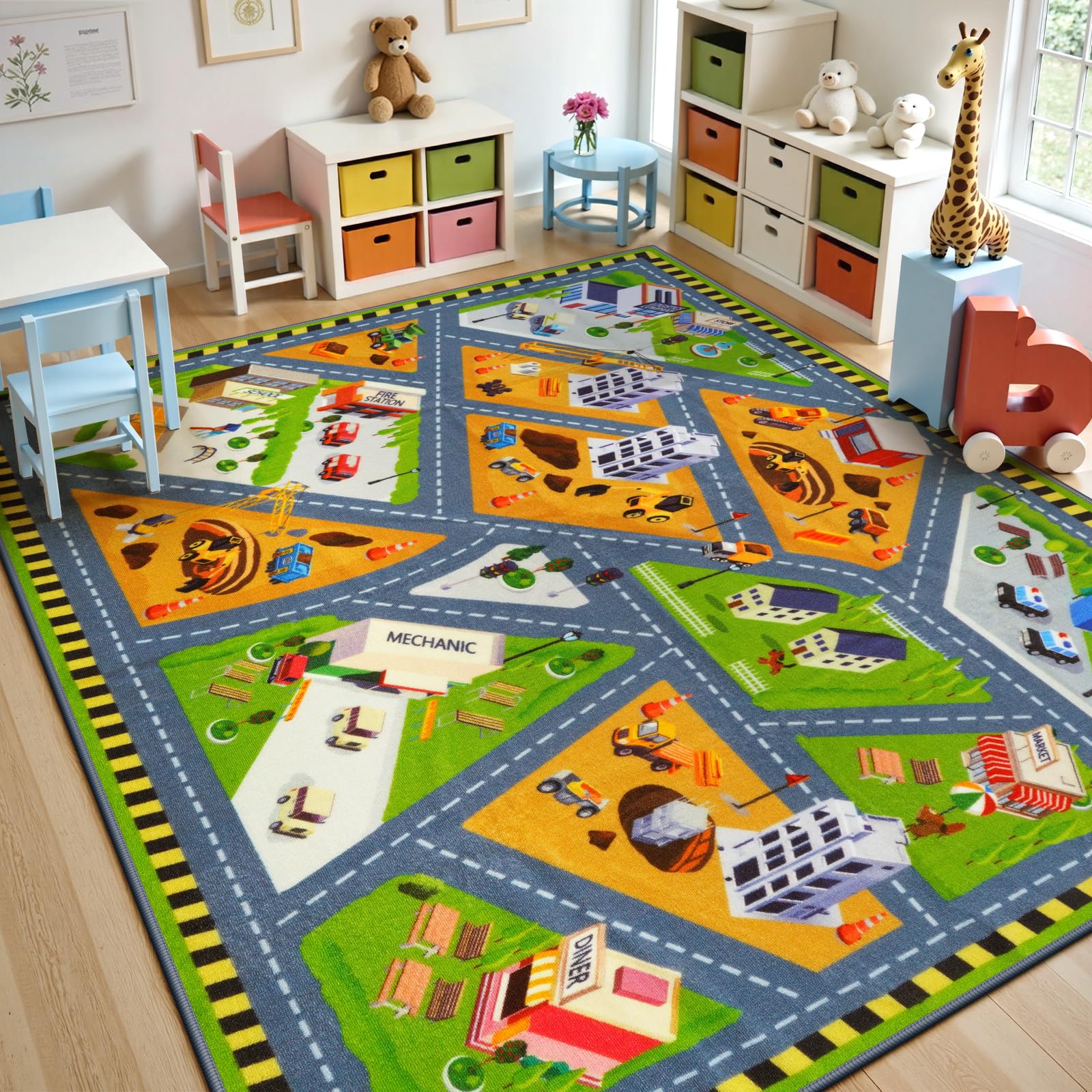 Kids Rug for Playroom, 5.3x6.6 Car Rugs for Kids Toy Cars, Non-Slip City Road Map Rug