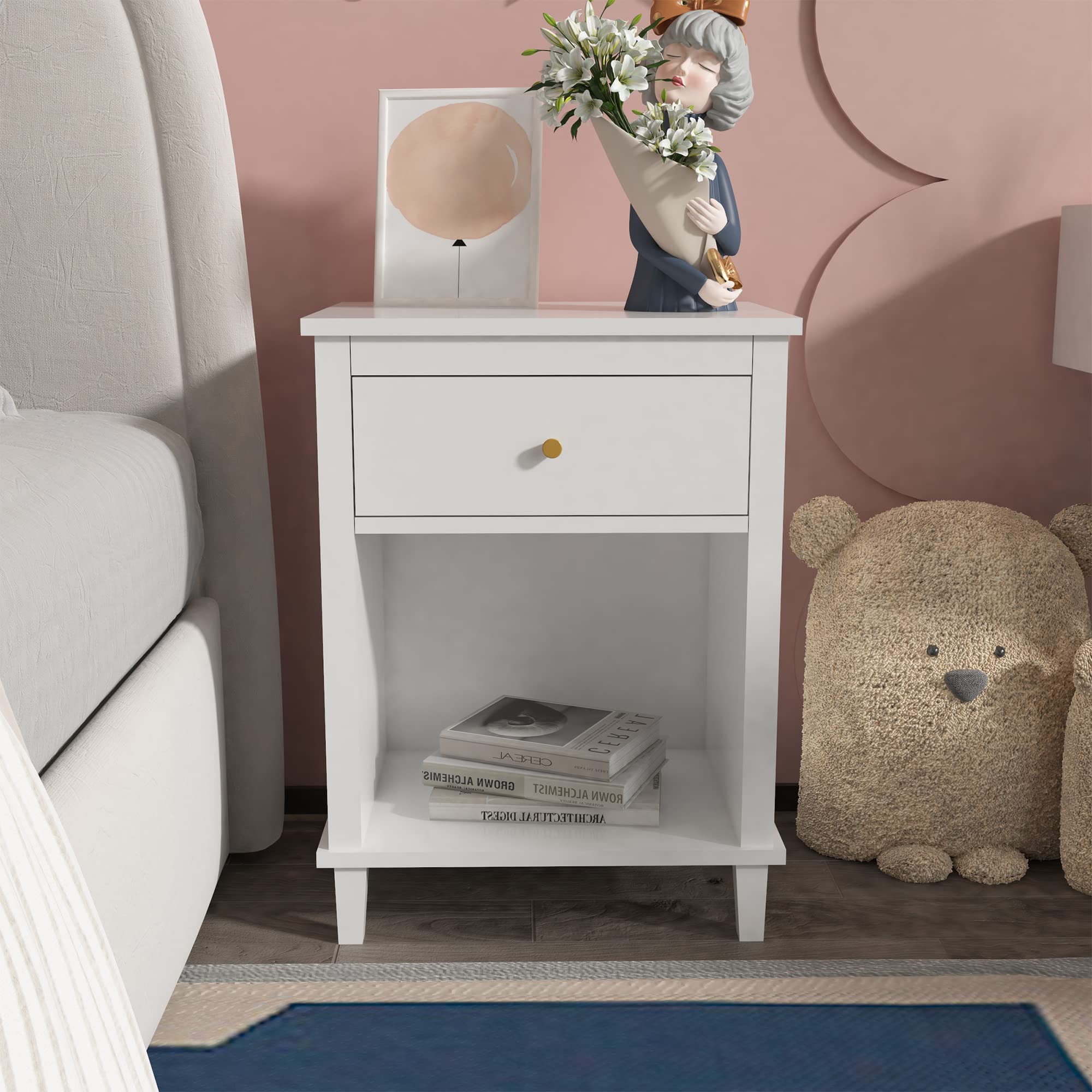 Nightstand with Drawer for Kids, Adults, Wood Bed Side