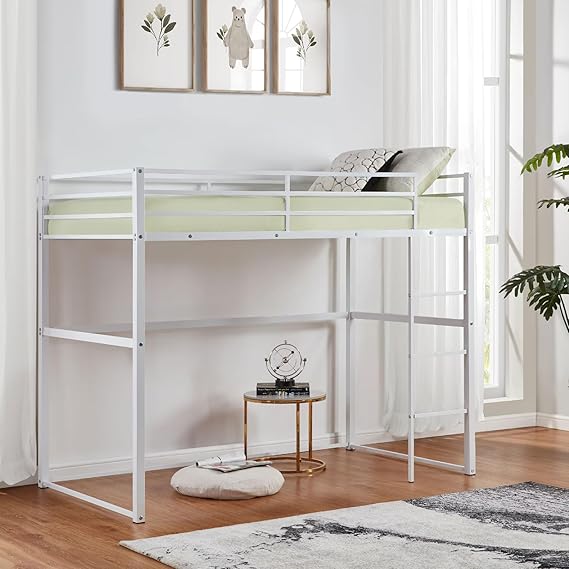 Twin Metal Loft Bed with Safety Guard Rails, Flat Ladder, Metal Slat