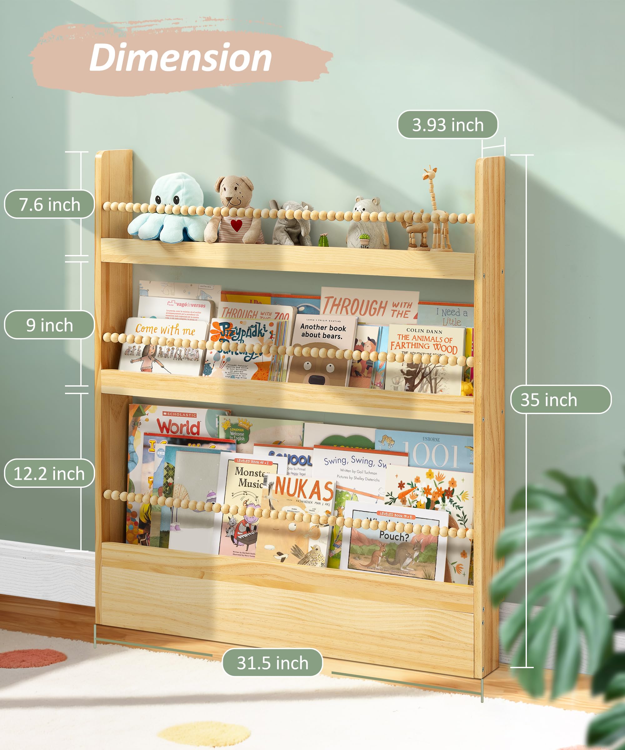Kids Bookshelf Wall Mount 3 Tier Natural Wood