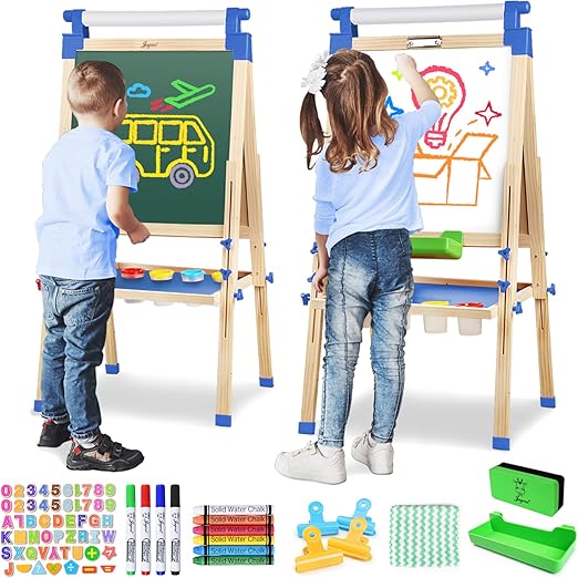 Kids Wooden Easel with Paper Roll - Adjustable Magnetic Double Sided
