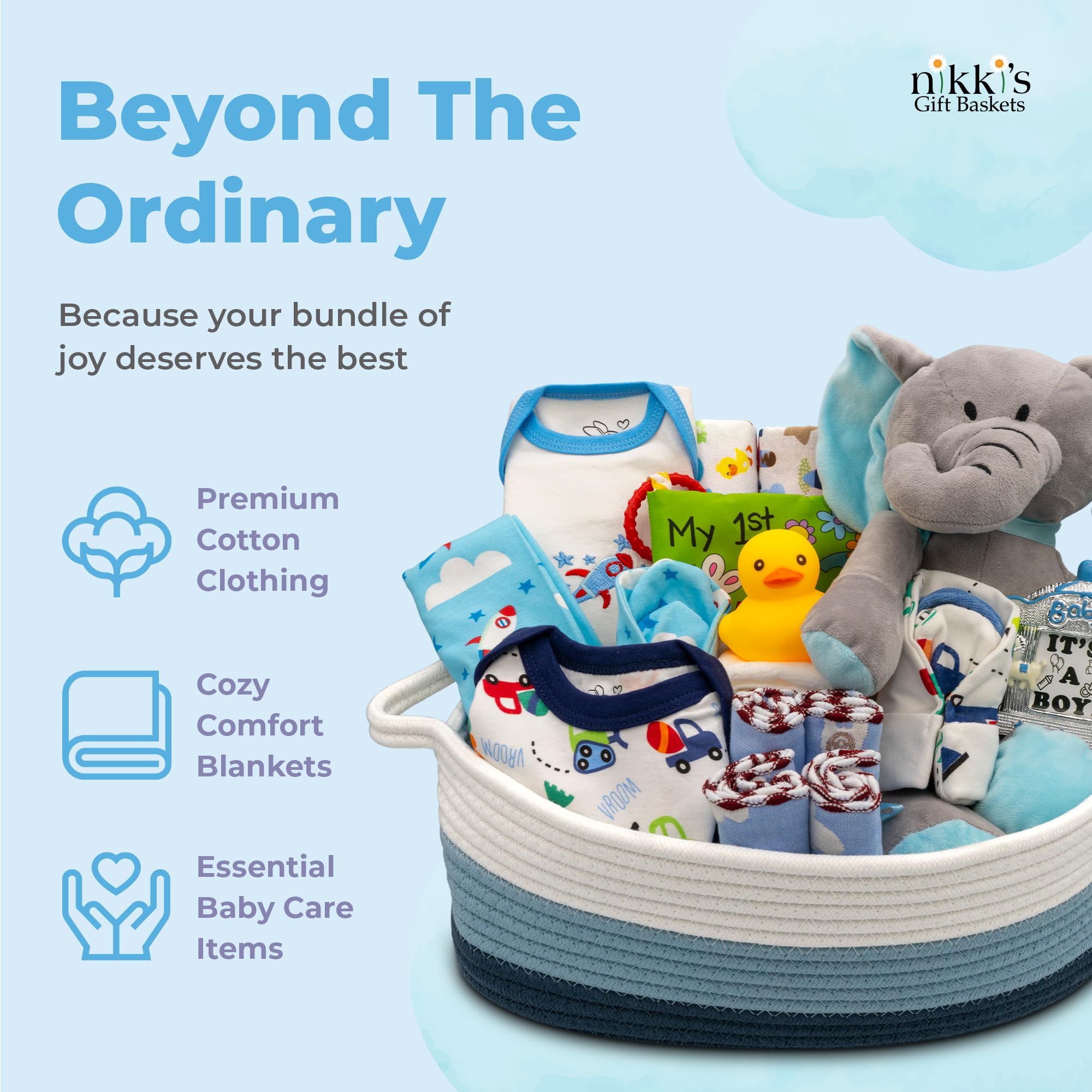 Deluxe Baby Boy Gift Basket - 20 Piece Newborn Essentials Set