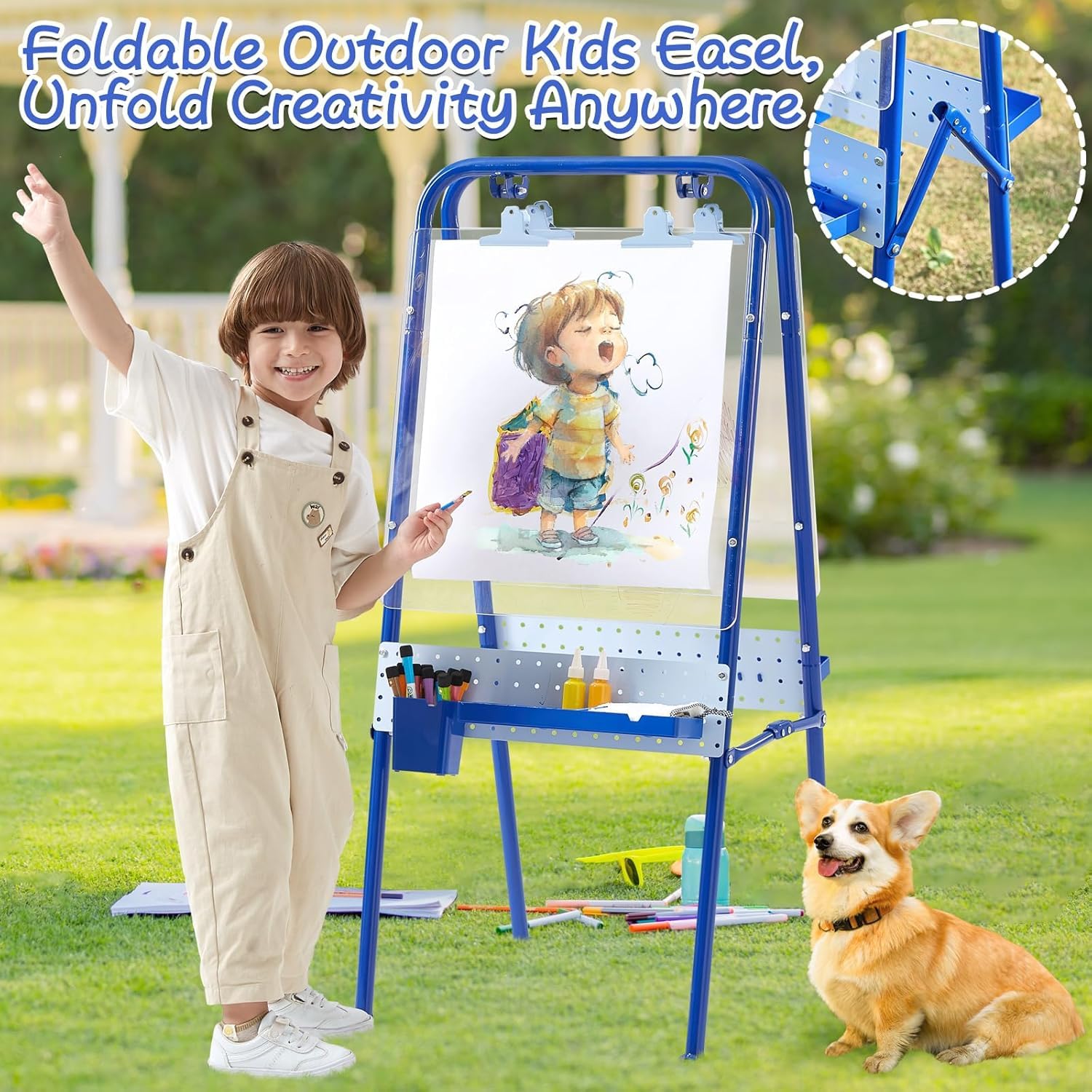 FUNLIO 2-in-1 Outdoor Easel for Kids Ages 3+, Foldable Waterproof & Sunproof Toddler Easel, Double-Sided Kids Art Easel with 2 Acrylic Boards & 20+ Accessories, Portable and Stable - Blue