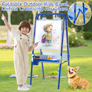 FUNLIO 2-in-1 Outdoor Easel for Kids Ages 3+, Foldable Waterproof & Sunproof Toddler Easel, Double-Sided Kids Art Easel with 2 Acrylic Boards & 20+ Accessories, Portable and Stable - Blue