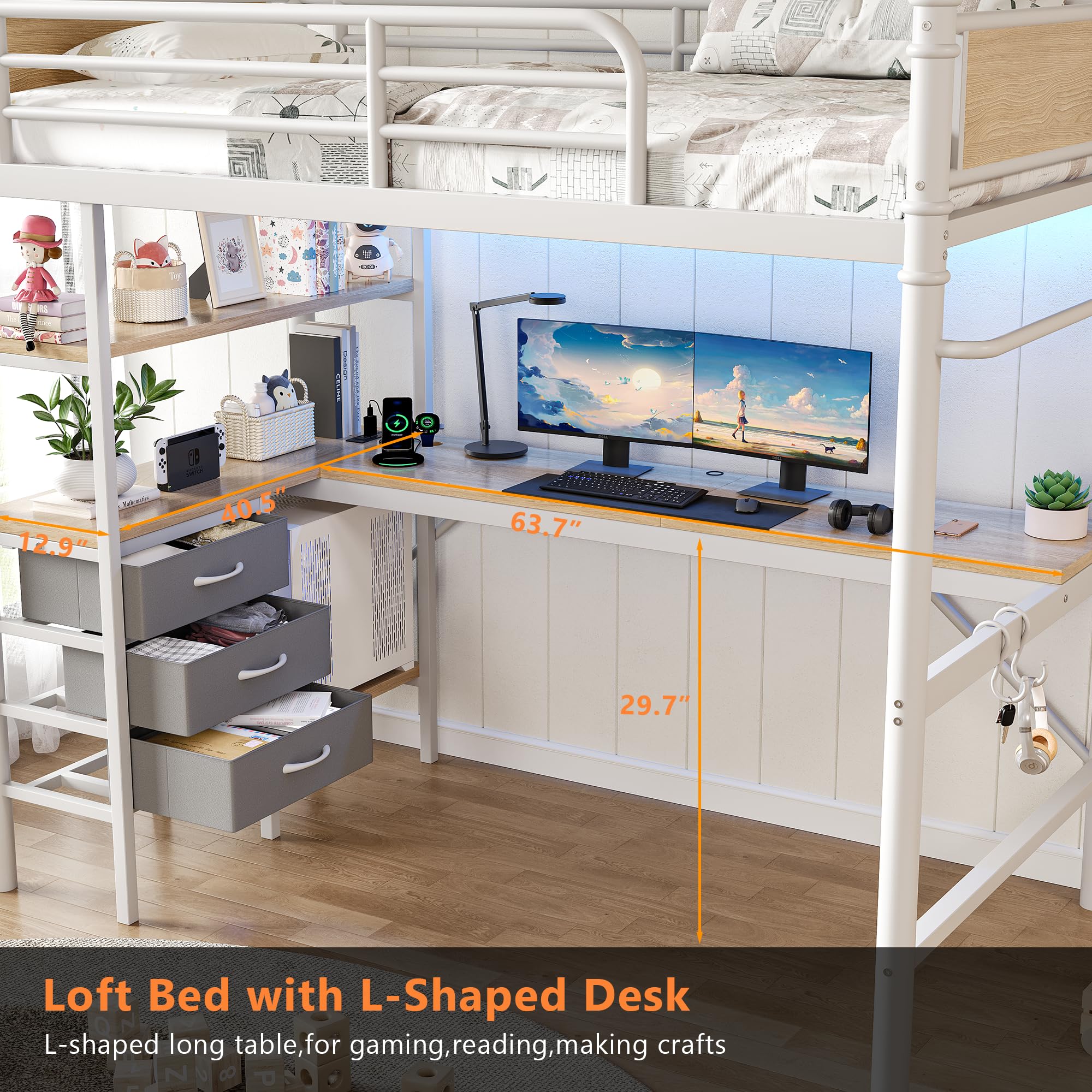 Twin Loft Bed with Desk and LED Lights