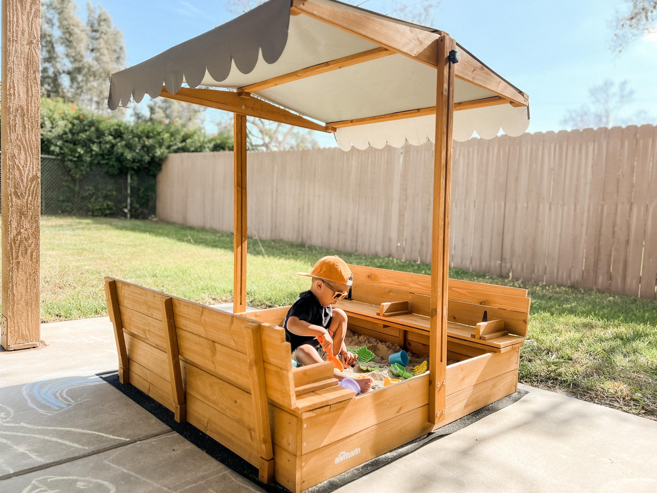 Outdoor Sandbox with Retractable Canopy and Foldable Benches