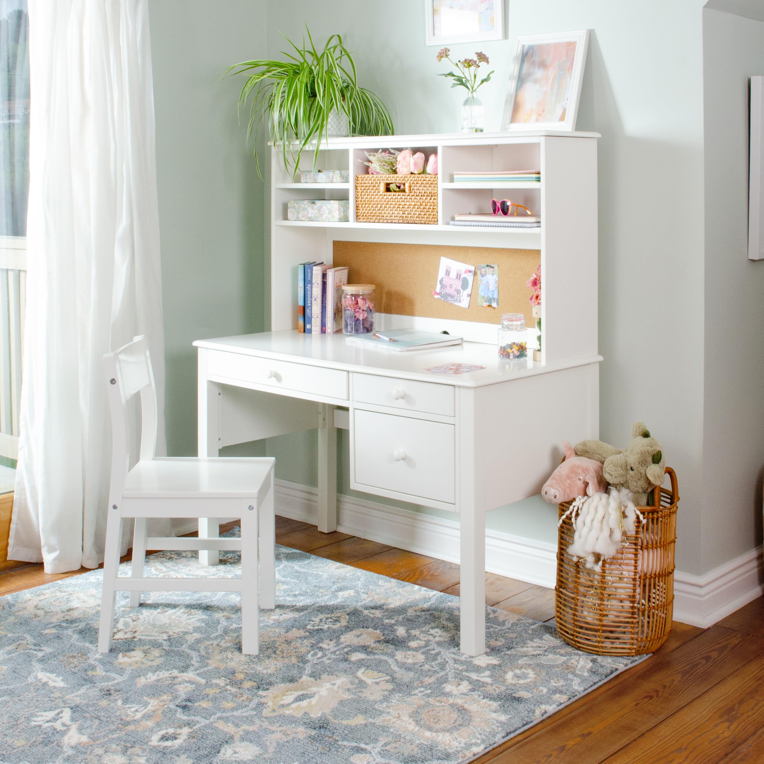 Kids Desk and Chair Set with Hutch White Wood Storage