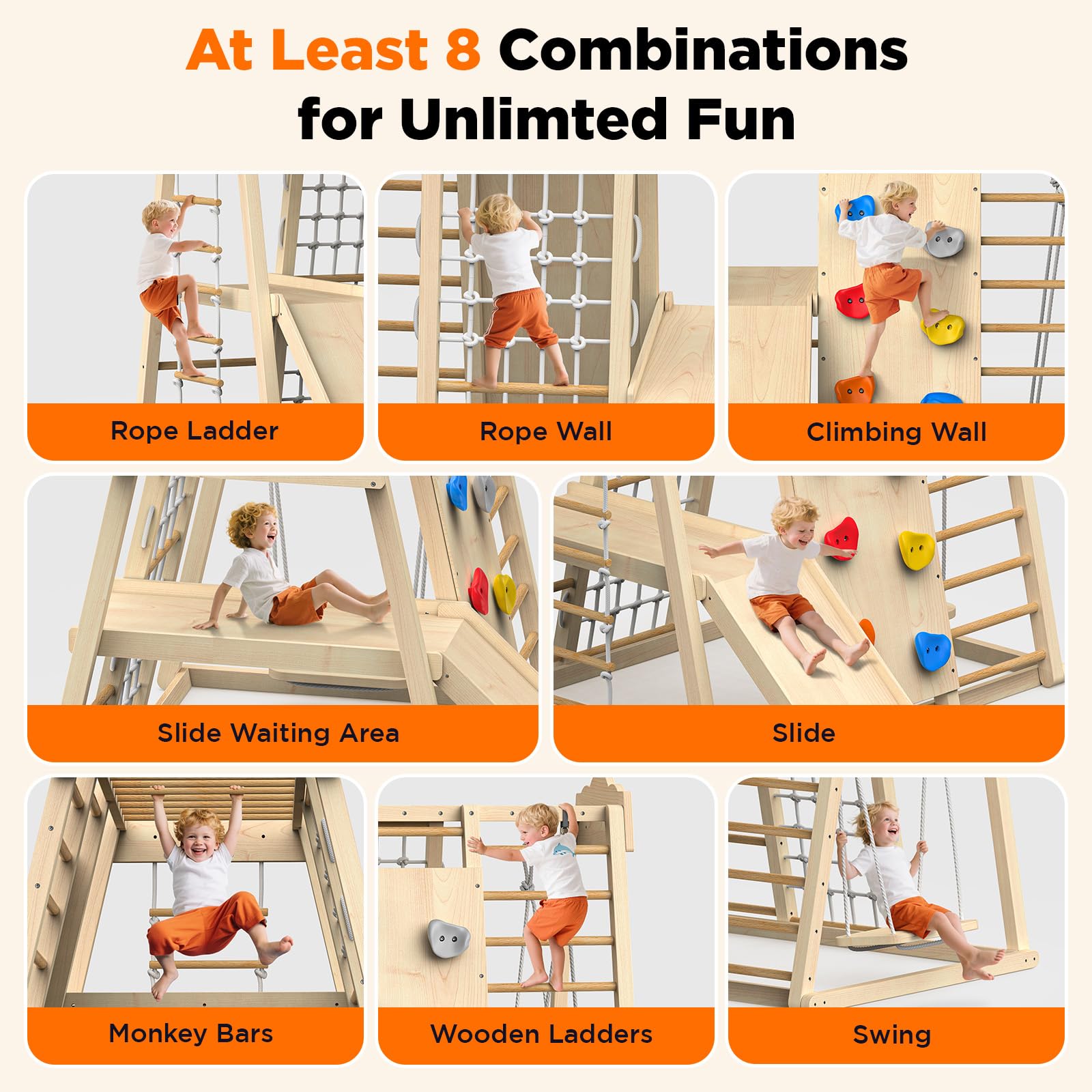 8-in-1 Wooden Indoor Jungle Gym with Swing and Slide
