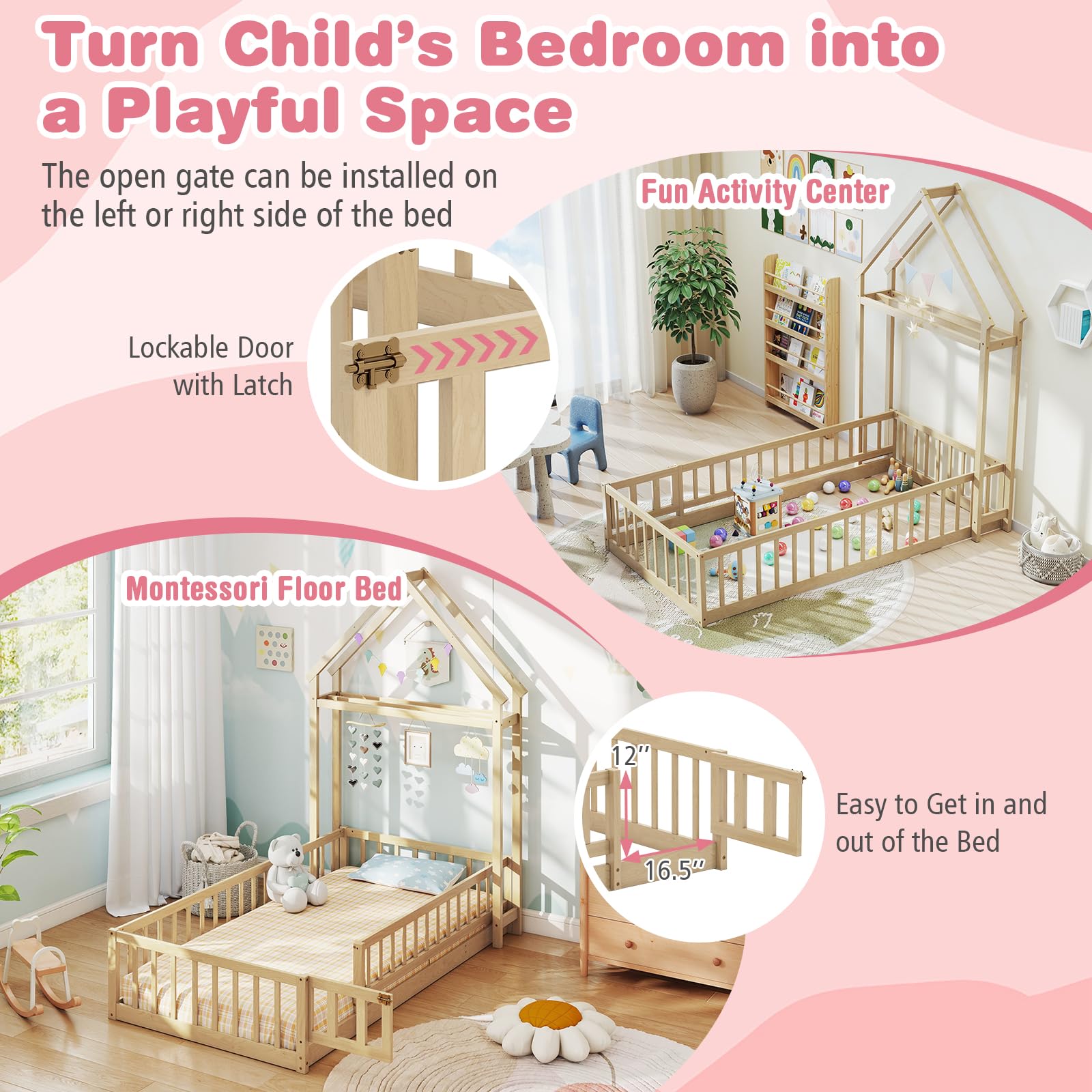 Twin House Floor Bed with Safety Rails and Clothes Hanger